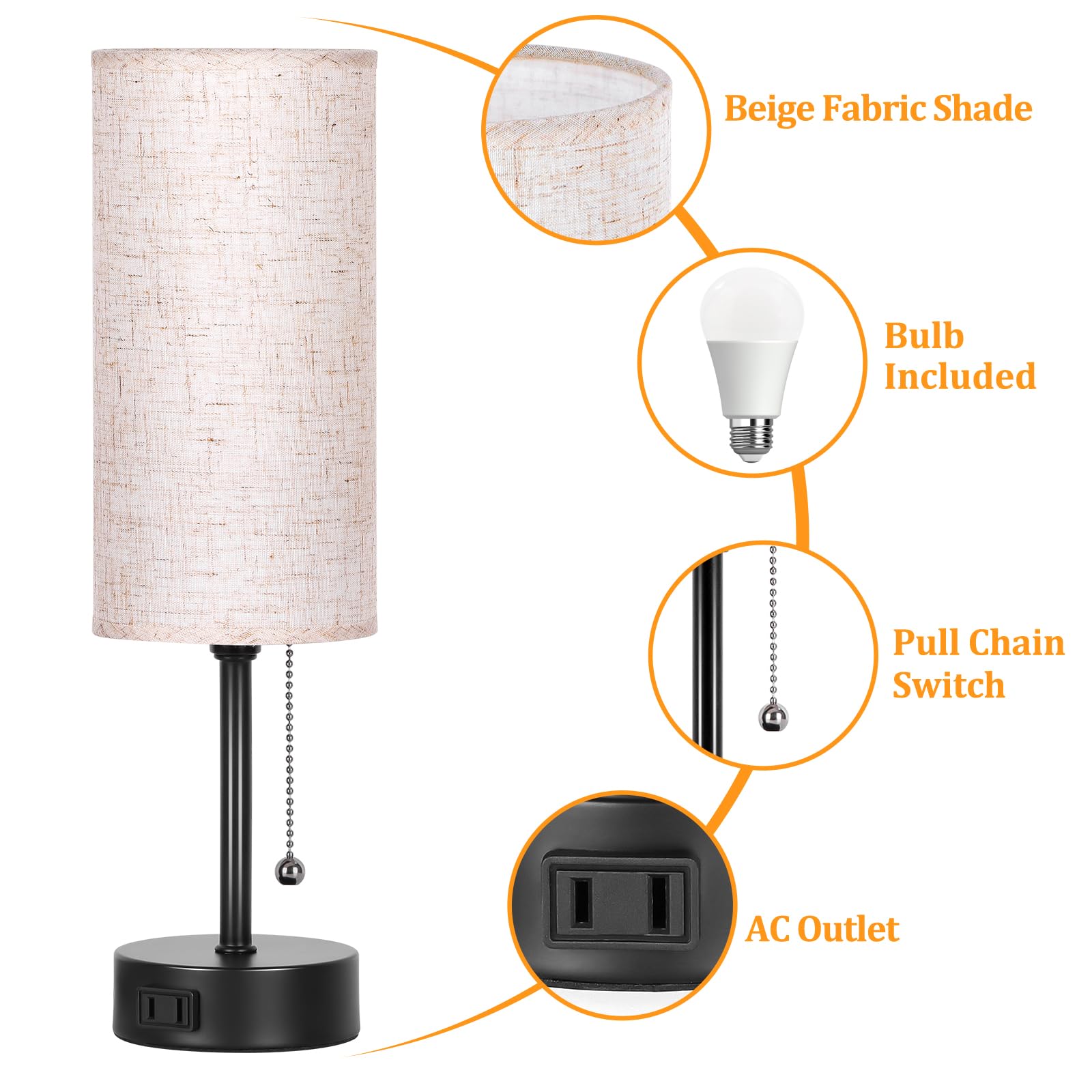 Dott Arts 15'' Table Lamp For Bedroom, 3-Color Bedside Lamps With Pull Chain, Bedroom Table Lamps For Nightstand,Ac Outlet Small