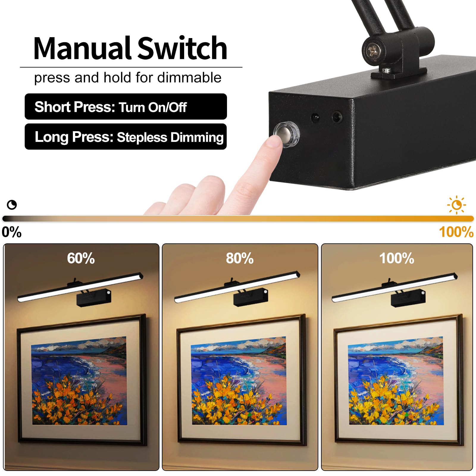 Picture Light with Remote, 16 in Wireless Rechargeable 5200mAh Battery Operated Wall Light, 5 Colors Paintings Light Dimmable an