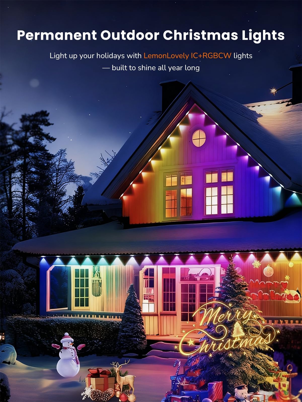 Lemonlovely Permanent Outdoor Lights Pro  180Ft With 132 Ic+Rgbcw Smart Led Eaves Christmas Lights For Daily Decoration  Ip67 Waterproof For Outside Xmas Halloween House Roof Lighting  Black