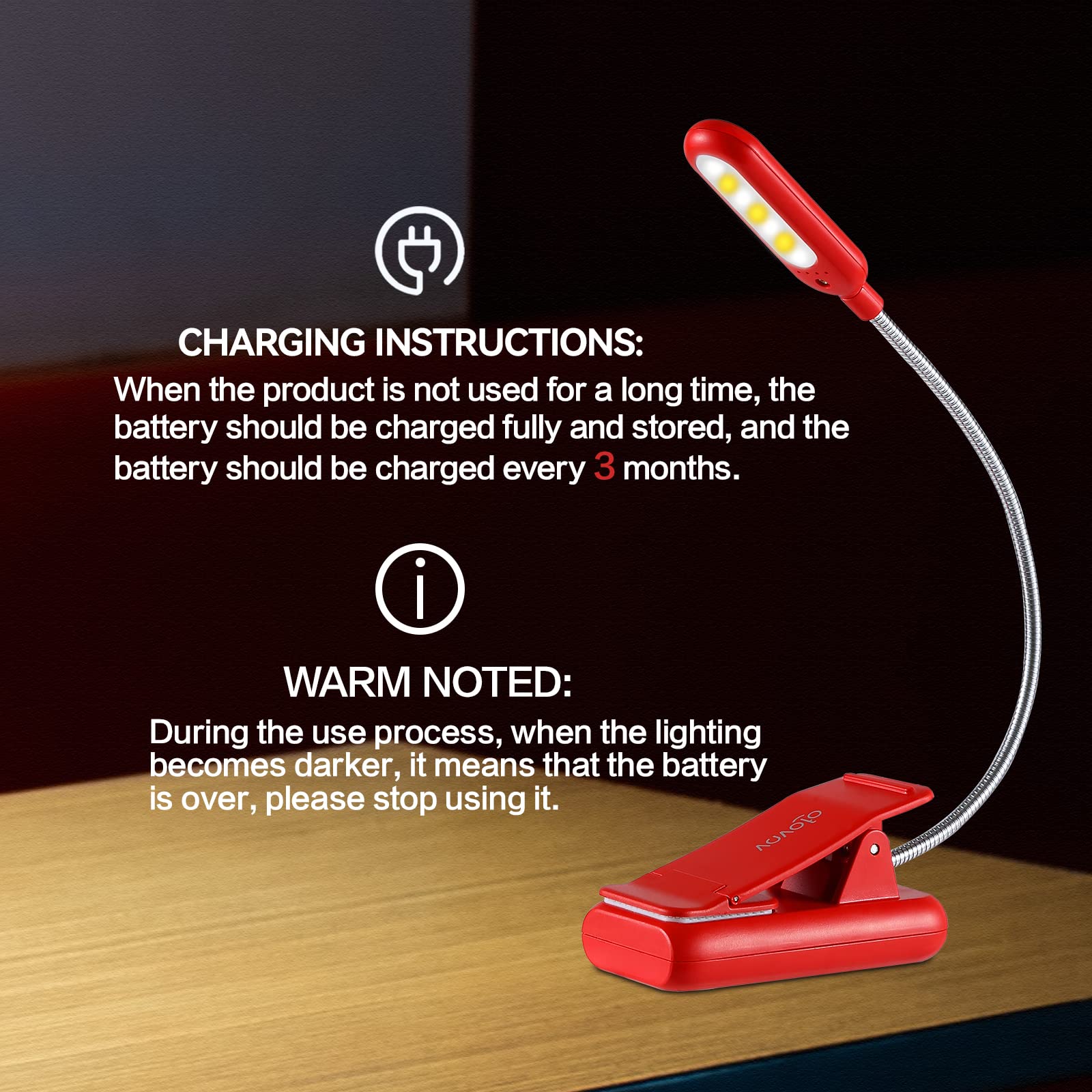 VAVOFO Rechargeable Book Light, 7 LED, 9-Level Warm Cool White, Eye Care Lamp, Model KM-6720, Red