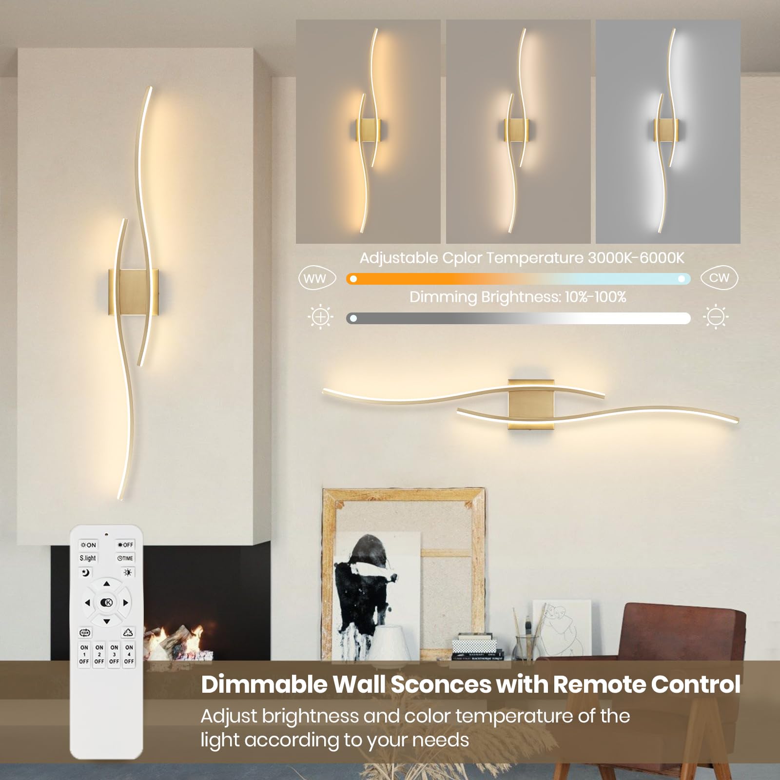 EIDEARAY LED Wall Sconce Set of 2, 40" Dimmable Gold Lighting with Remote Control, Hardwired for Indoor Use, Model WL-CTGD-D2