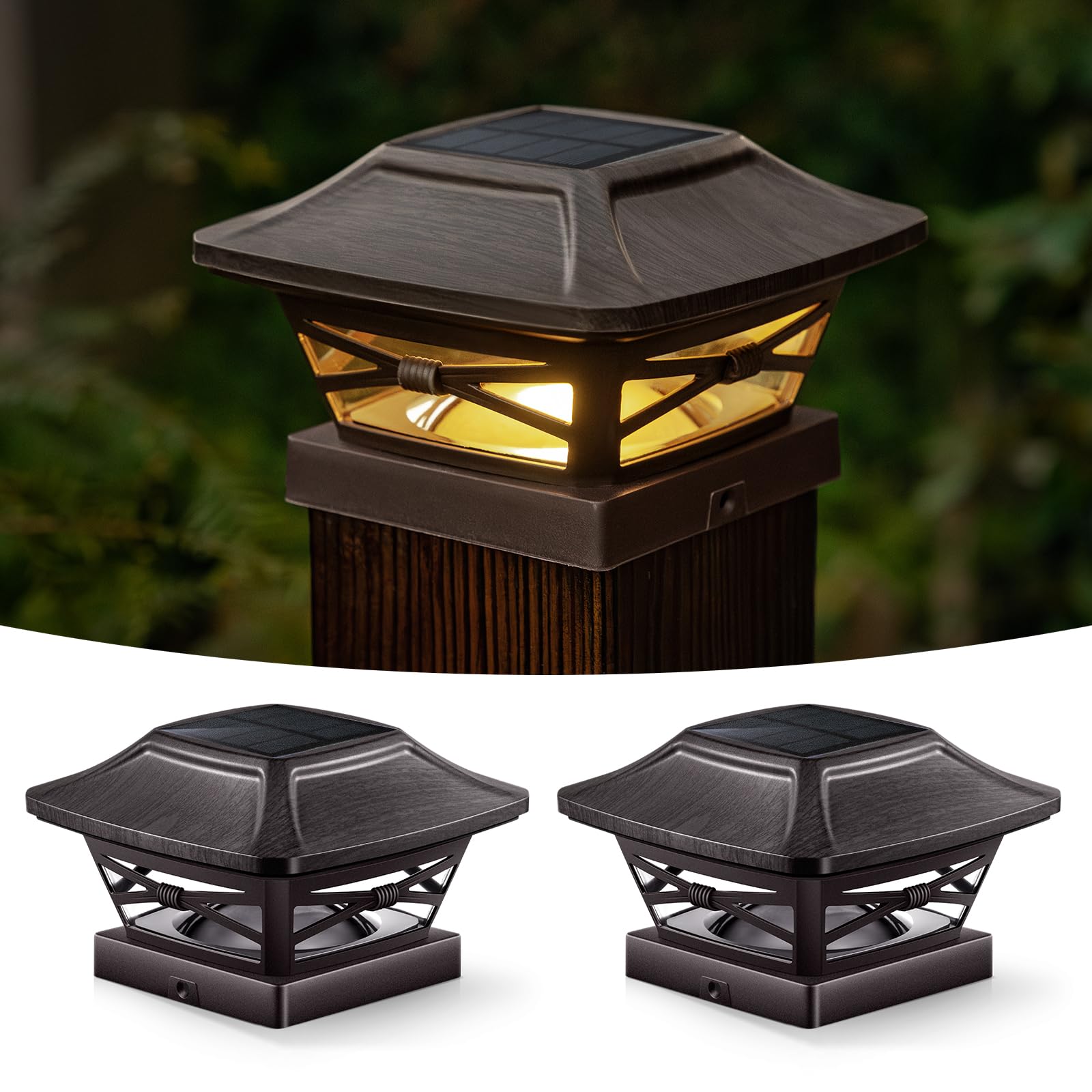 OPOIRA Wood Grain Solar Post Cap Lights  Dual-Core LED Fence Lights with Craftsman Design  2 Pack Waterproof Outdoor Caps for 4x4 Wooden/Vinyl Post (Brown)