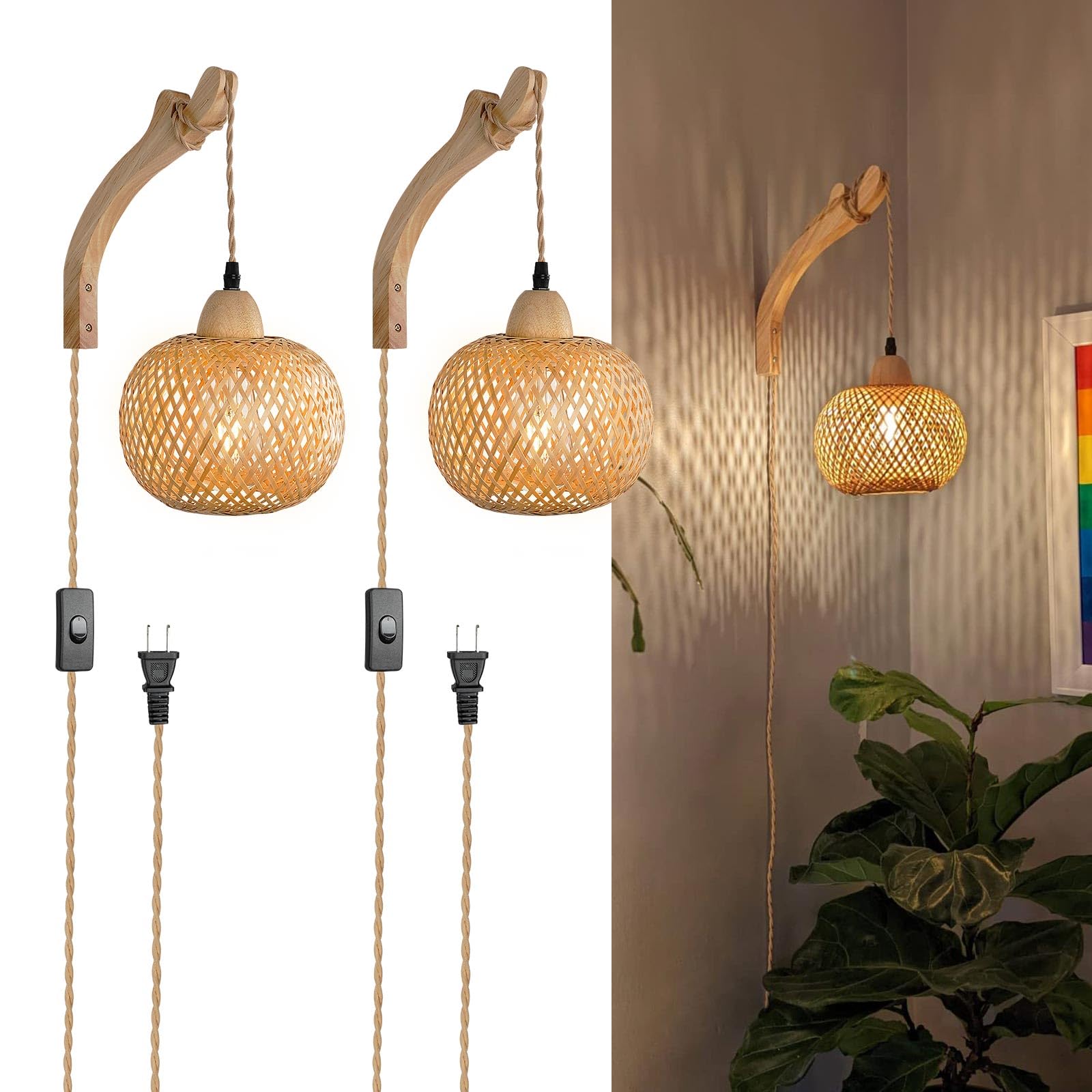Frideko Bamboo Wall Sconces Set Of Two Plug In, Boho Wall Lamp With Plug In Cord, Farmhouse Wall Light Fixtures With 9.84Ft On/O