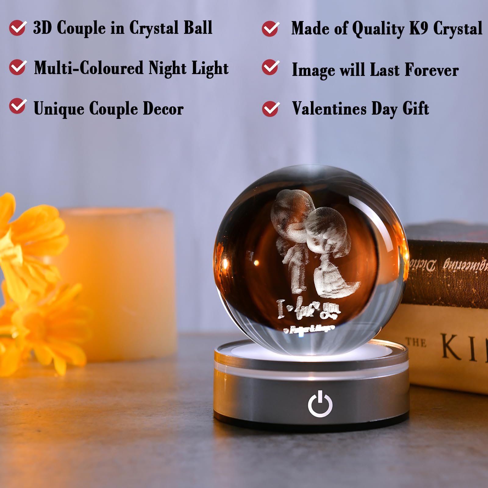 Ifolaina 3D Couple Crystal Ball Gifts For Wife Night Light Laser Engraved Glass Valentine Sphere Gifts For Her Decorative Crysta