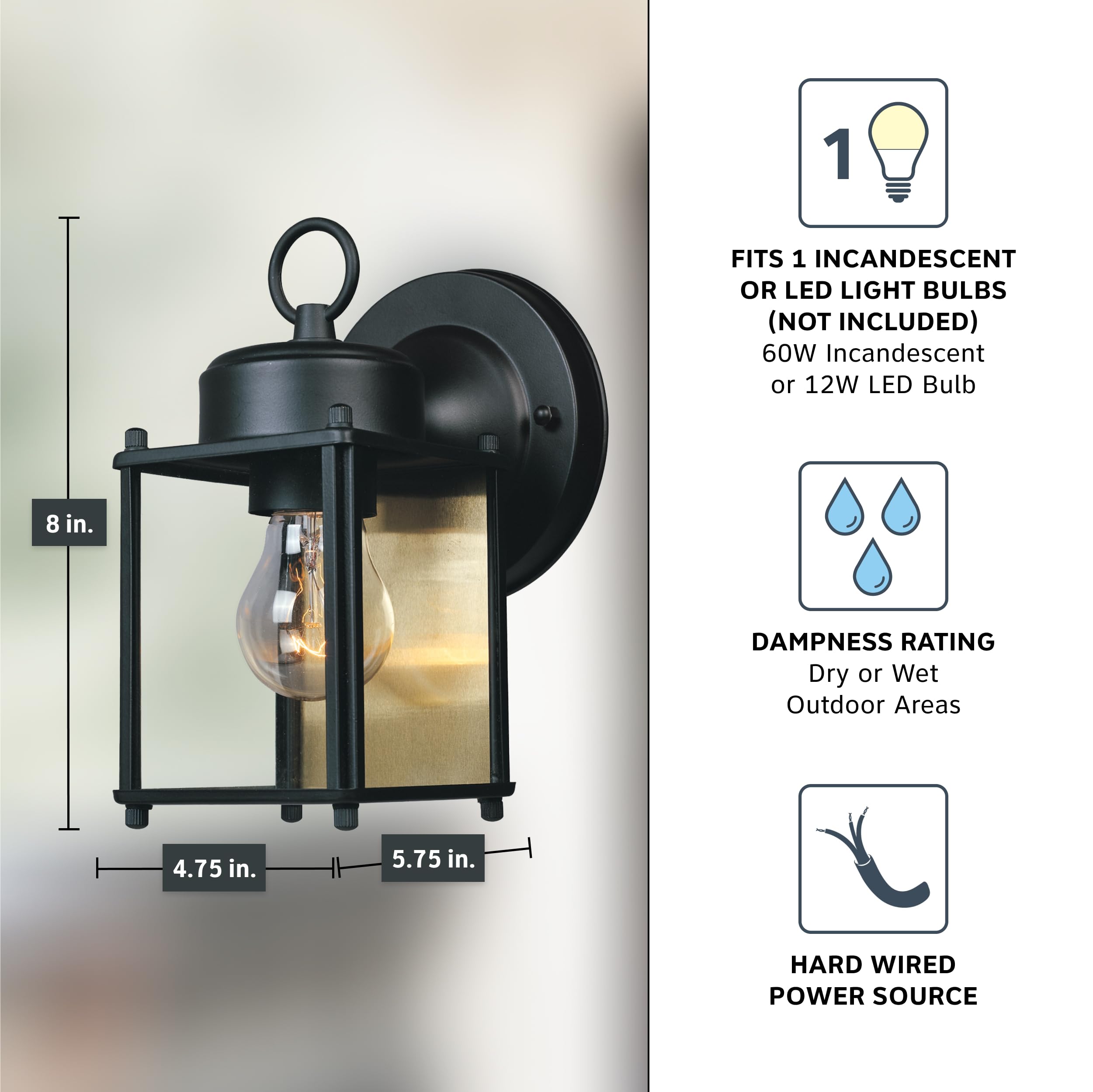 DESIGNERS FOUNTAIN Outdoor Wall Mount Lantern Sconce, 8 Inch, Black, Clear Glass, Model 1161-BK