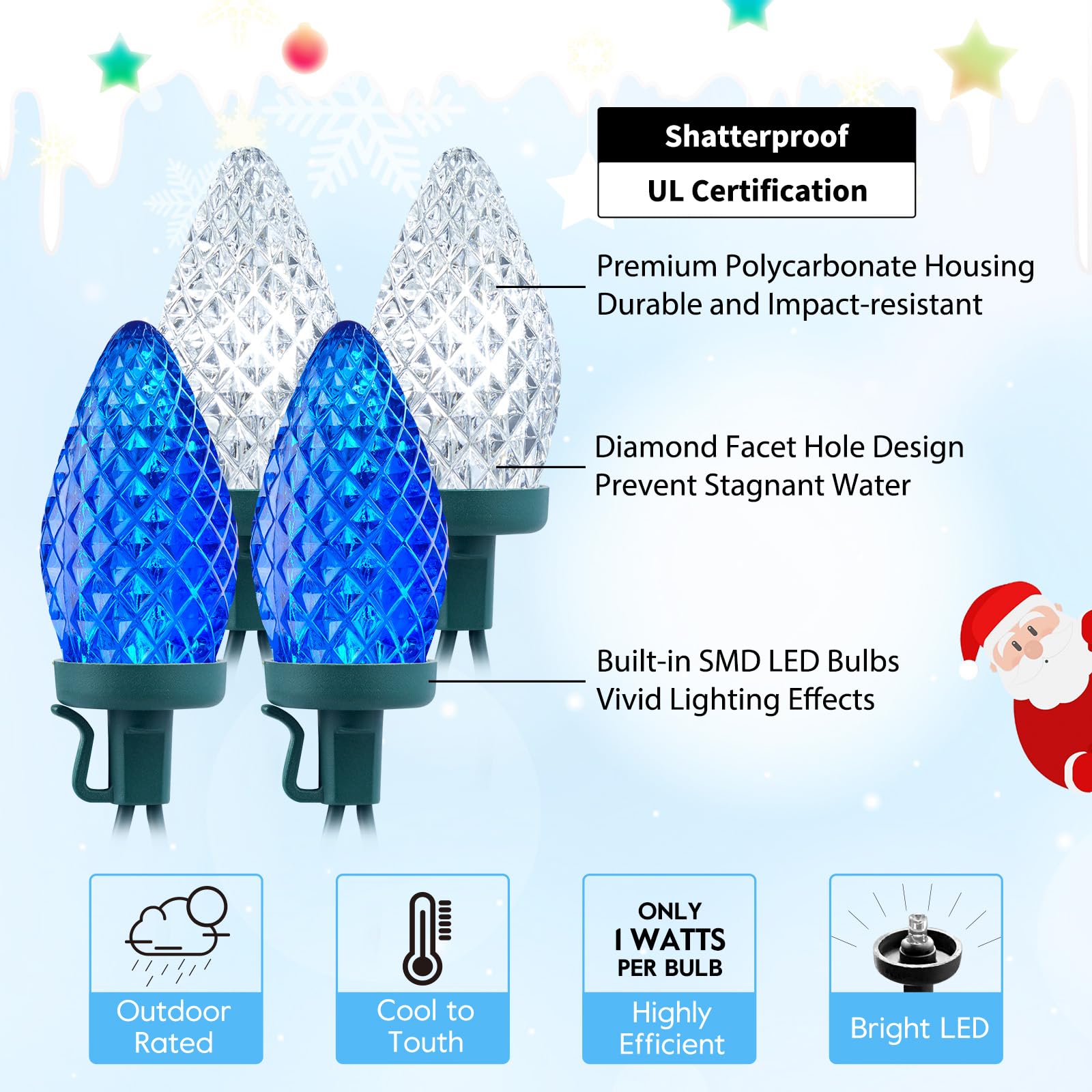Brightown C9 LED Christmas String Lights, 132ft, 200 LEDs, Waterproof, Green Wire, Blue and White, Plug-in Connectable for Outdoor Decor