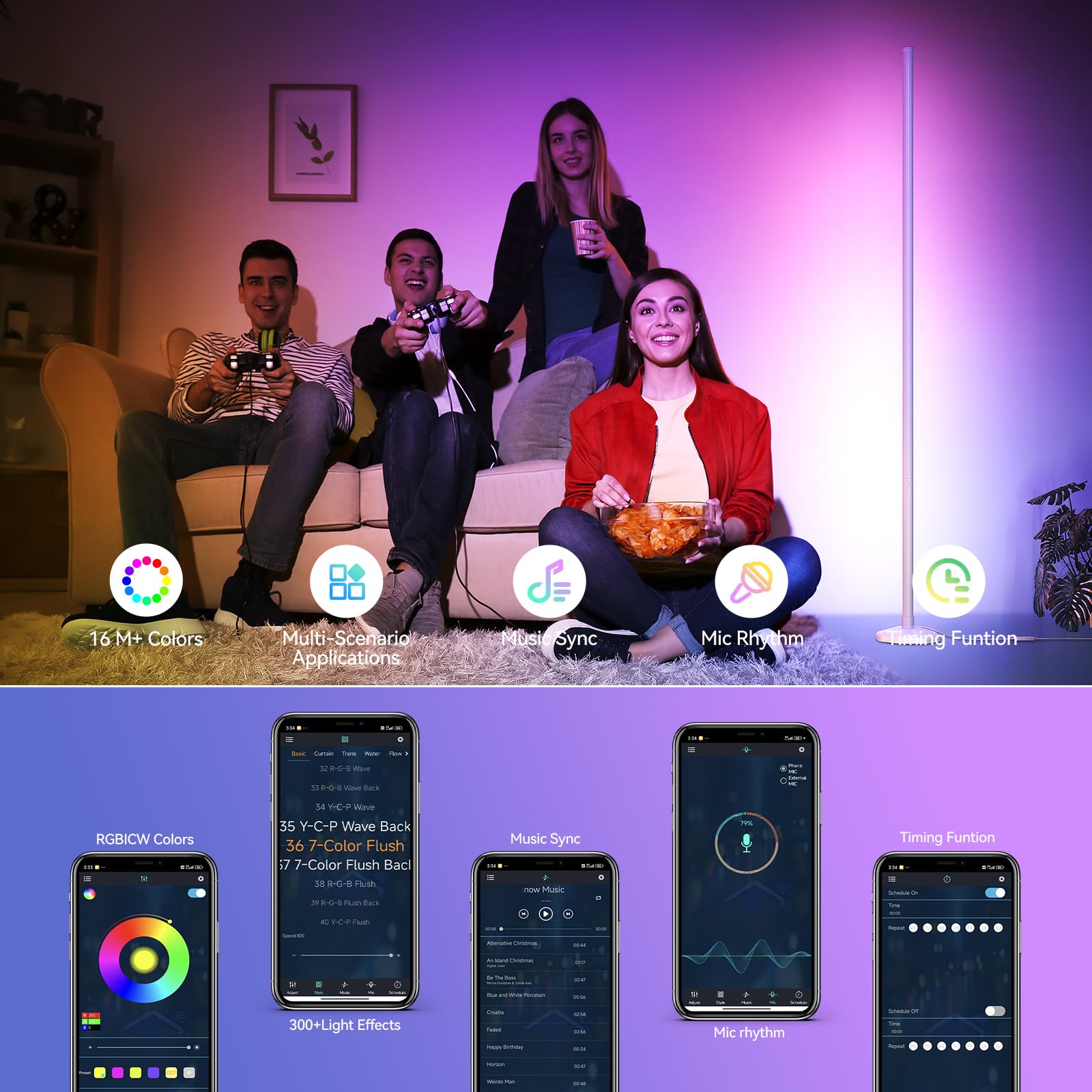 Sunmory Rgb Led Floor Lamp, 57'' Corner Lamp With 80+ Scene & Timer, Smart Modern Ambient Lighting With Music Sync & 16 Million