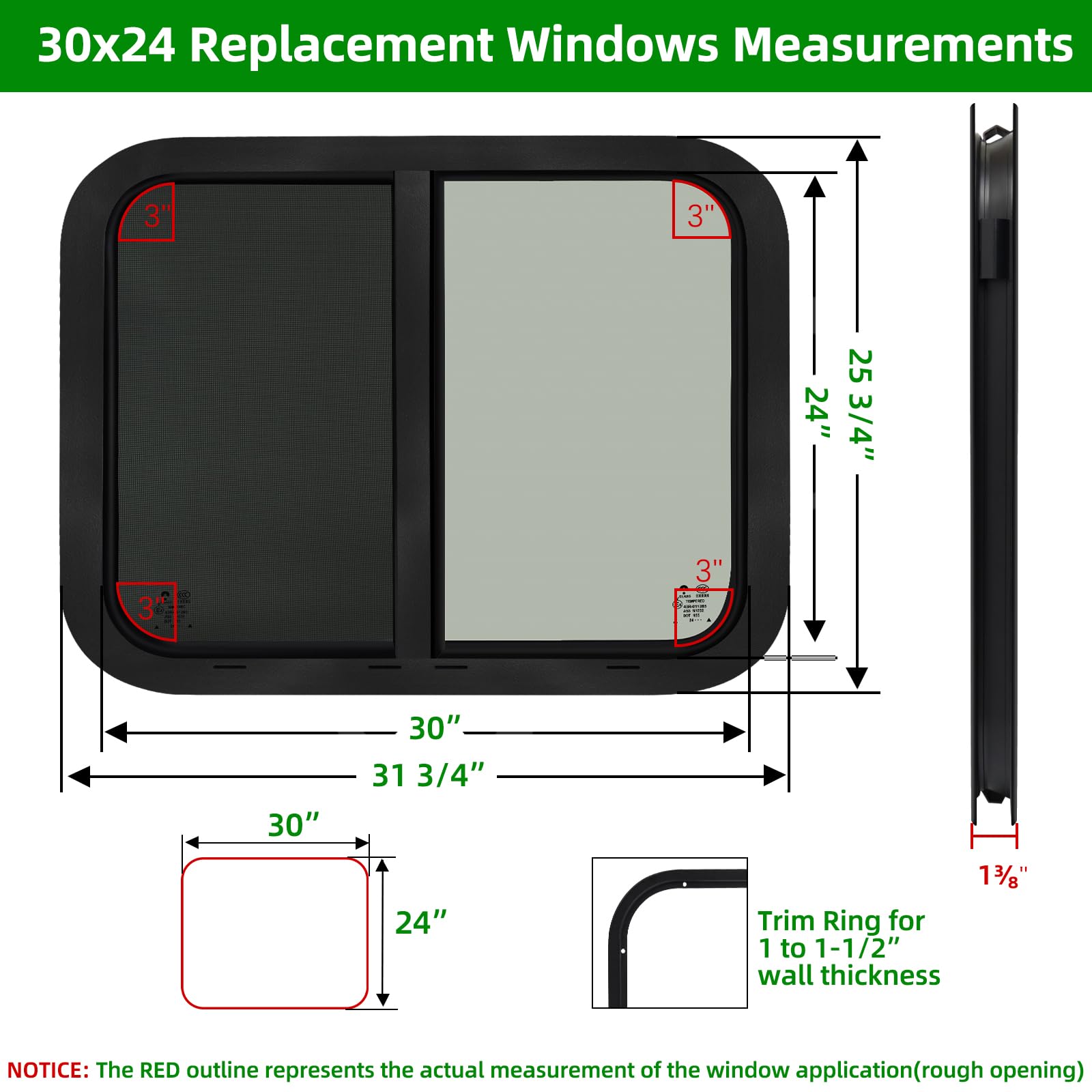 NOVINO RV Window Replacement - Horizontal Sliding, 30inW x 24inH, Black, Model NRW-006, Fits 15/16in or 1-3/8in Thick Wall