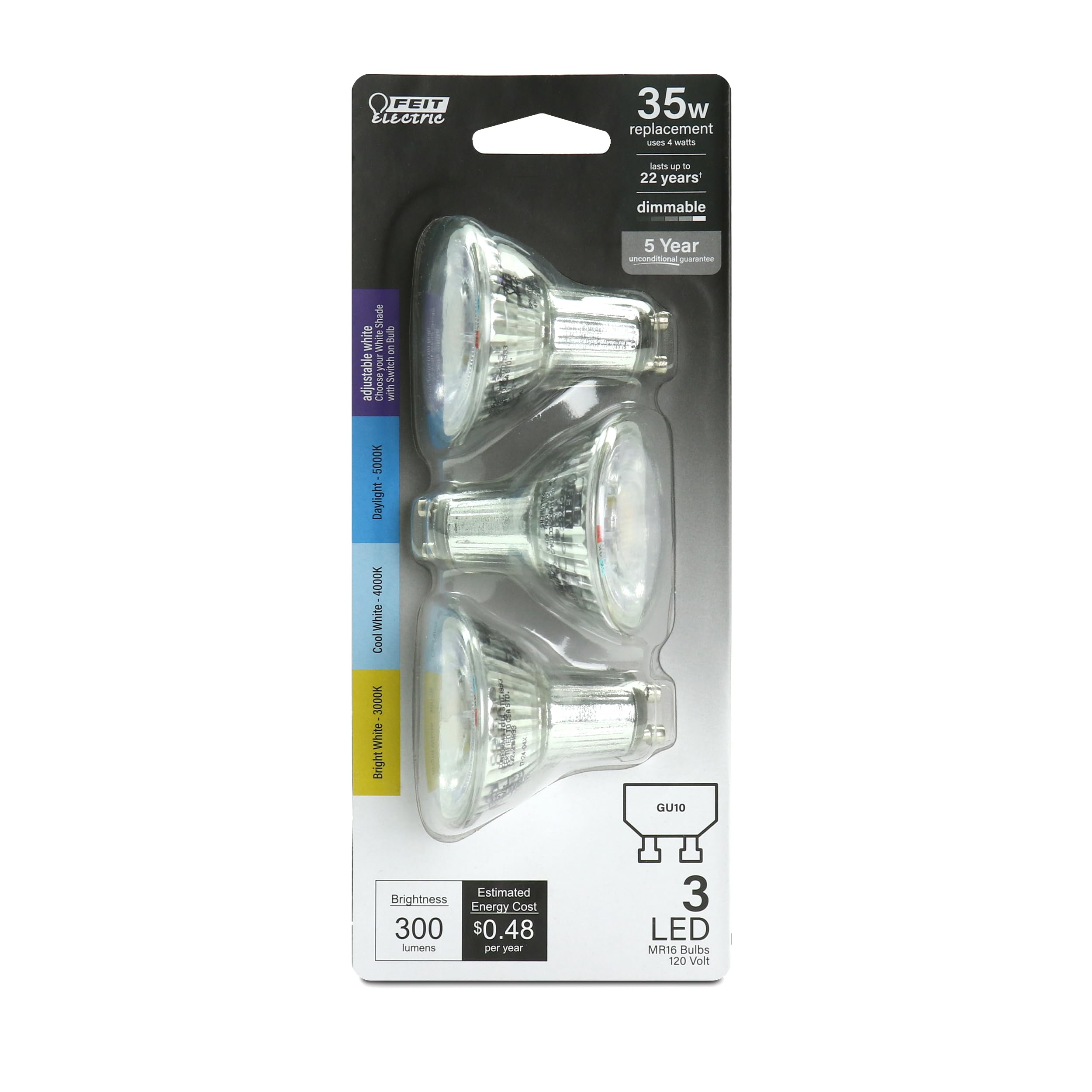 Feit Electric Mr16 Led Reflector Light Bulb, 35W Equivalent, Dimmable, Gu10 Base, 90+ Cri, 300 Lumen, Adjustable Color Temperatu