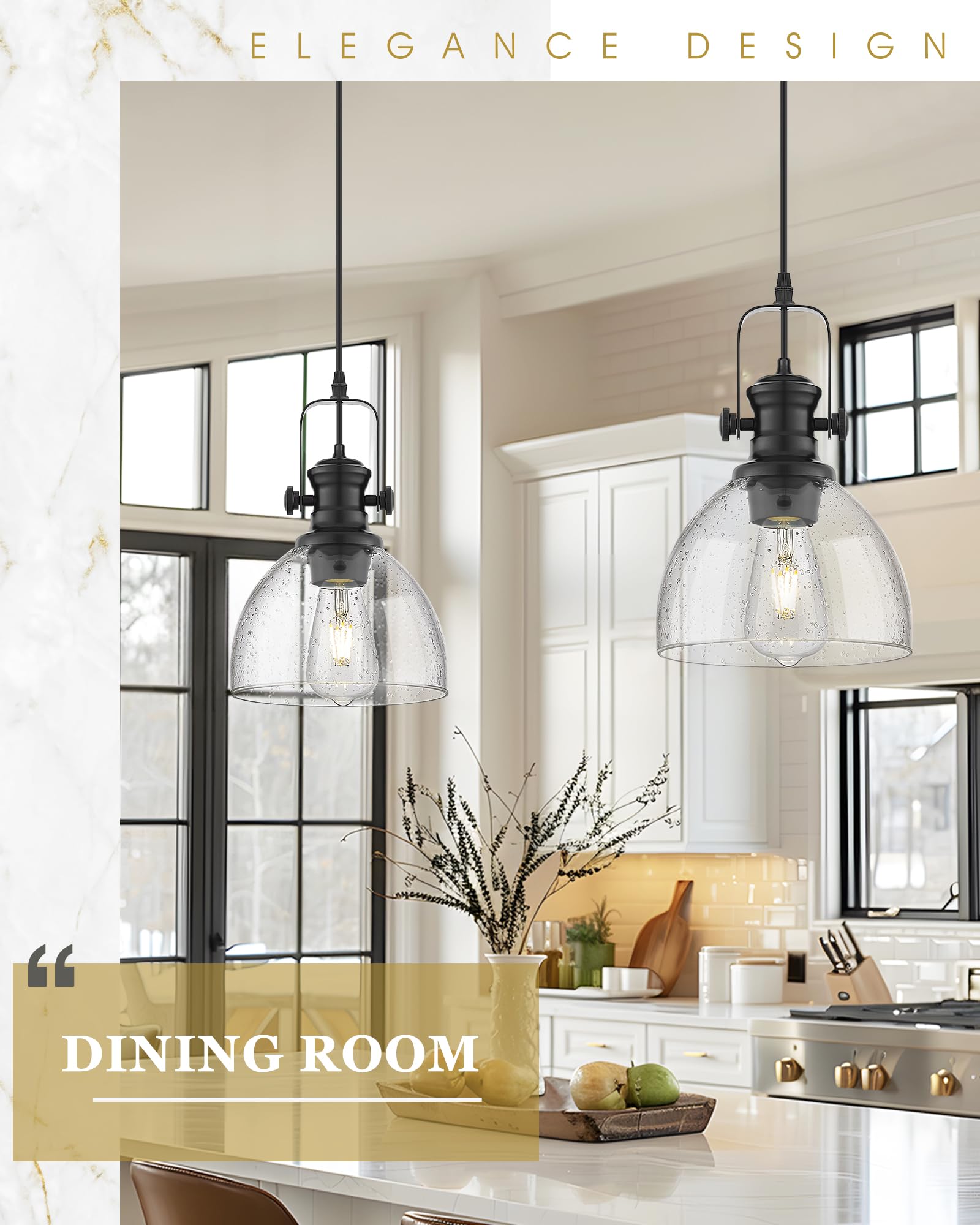 Audickic Black Pendant Light - 7.5" Farmhouse Seeded Glass Shade - Vintage Metal Hanging Fixture, Model AD-22151-1P-BK