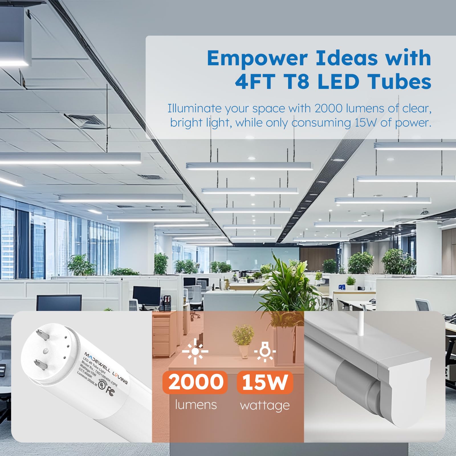 Madewell Living 10-Pack T8 Led Bulbs 4 Foot, Led Fluorescent Tube Replacement, 4Ft Led Tube Light 4000K Daylight, Ballast Bypass