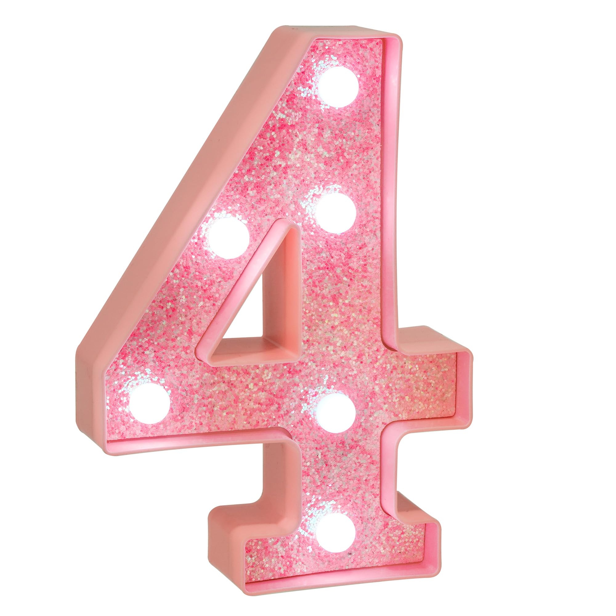 EUFONY Pink Glitter LED Marquee Light Up Number 4 with Cool White Lights, Battery-Powered Numbers sign for Girls Birthday Party