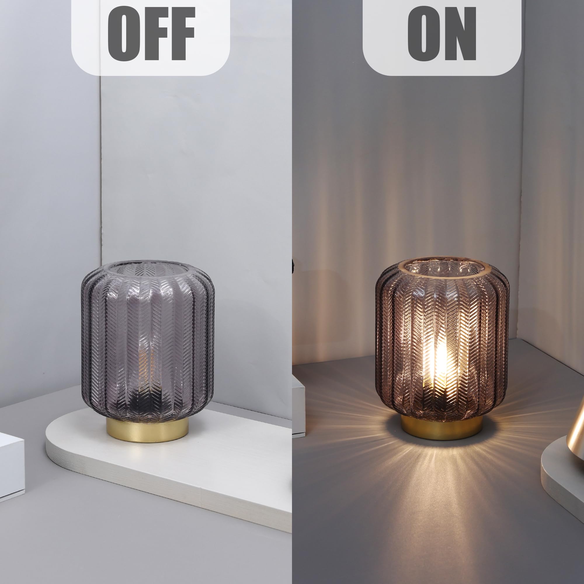 Wesjo Battery Operated Lamp, Modern Table Lamp Cordless Bedside Lamps, Glass Battery Powered Lamp With Led Bulb Decorative Battery Operated Lamps For Living Room Bedroom Desk Home (Grey)