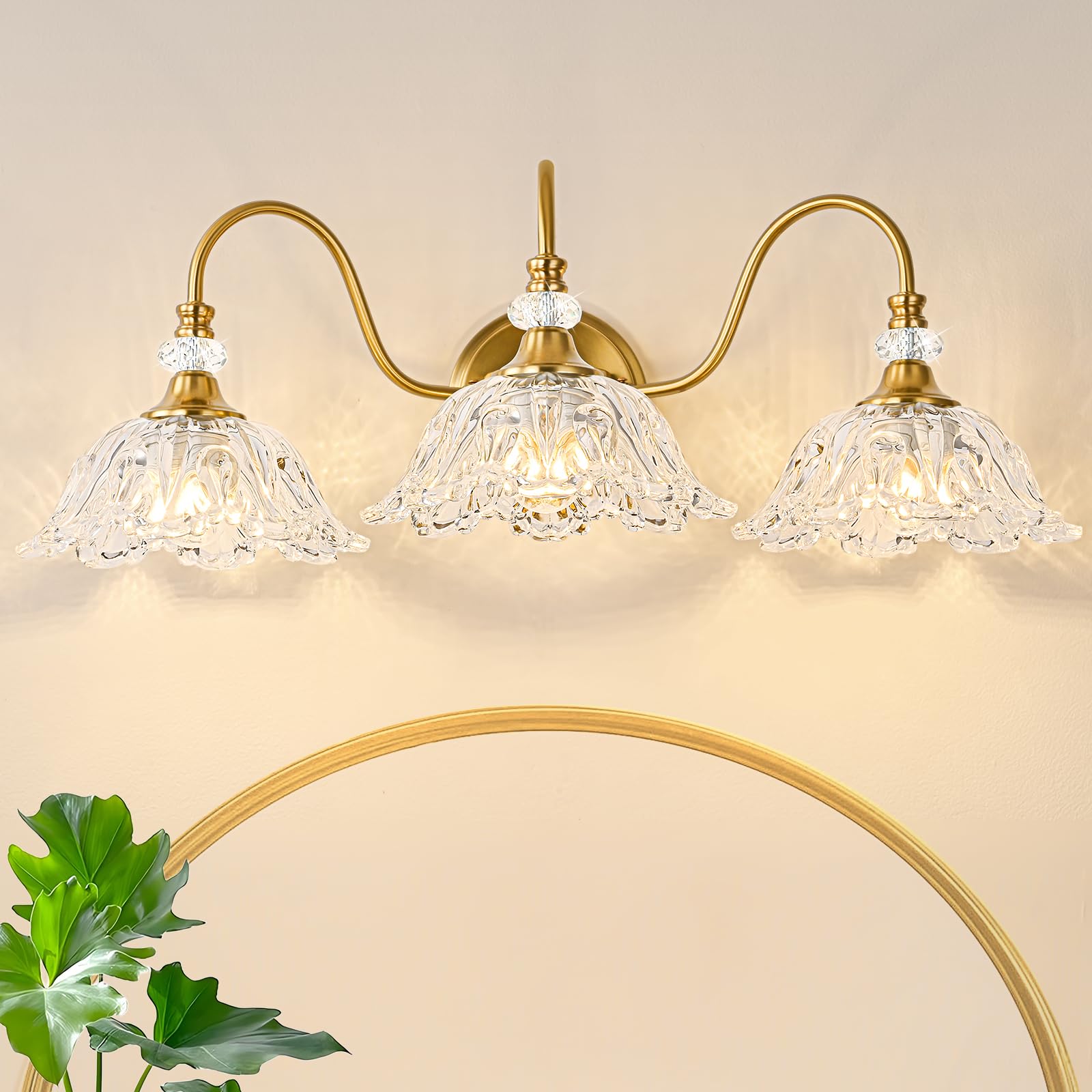 Sunkryster Gold Bathroom Vanity Light  3-Light Brushed Gold Finish Vanity Light With Floral Clear Glass Shades  Retro Wall Mount Lighting For Bathroom  Dressing Table