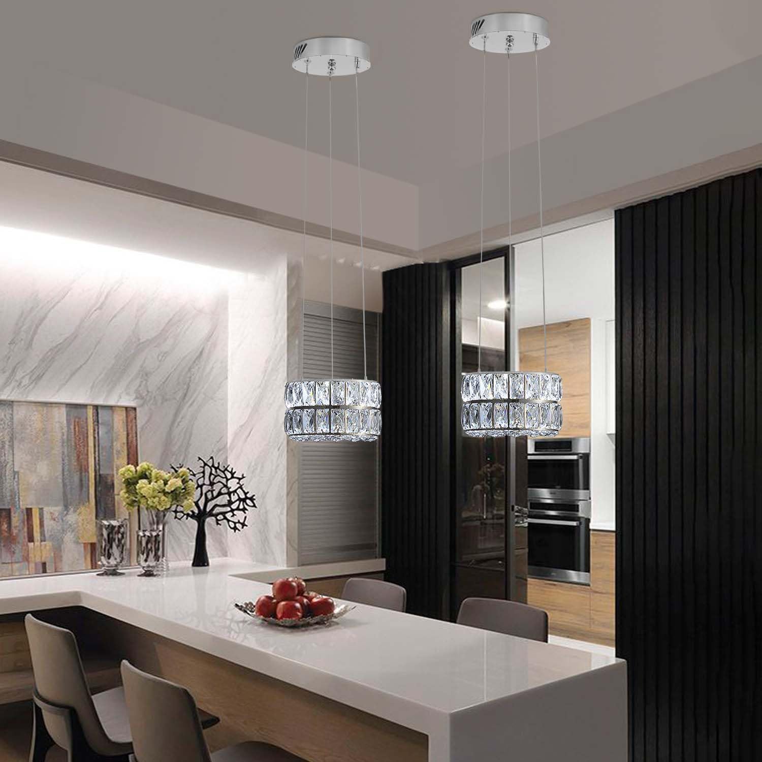 Idequy Modern Crystal Chandelier For Dining Room Luxury Silver Crystal Chandelier For Living Room Dimmable Led 7.8'' Ring Pendan