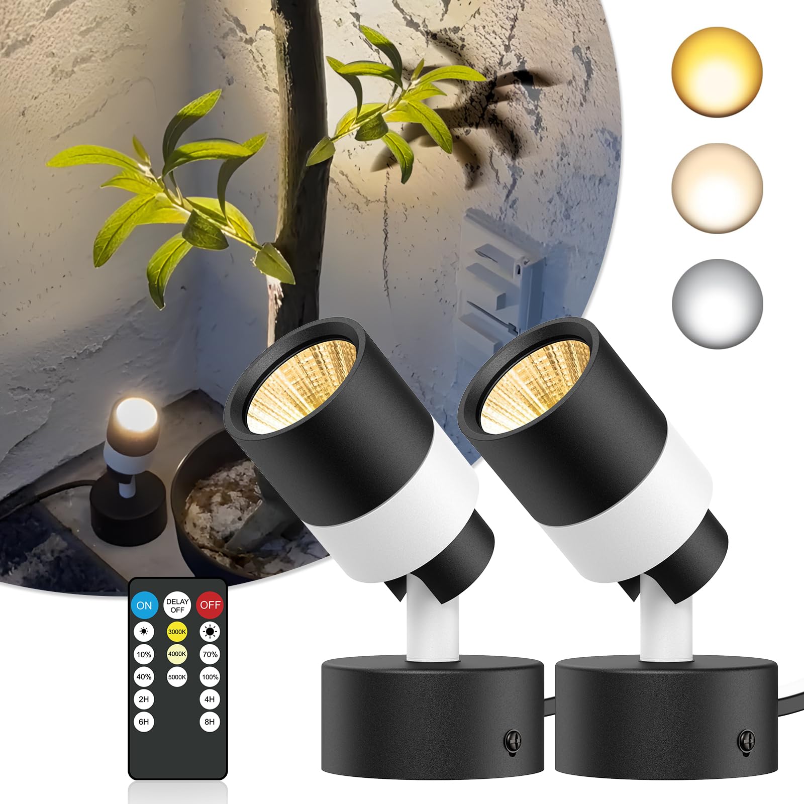 JIAQIYAN Spot Lights Indoor, 5W Dimmable Up Lighting with Remote Control & Timer, 3000K/4000K/5000K Floor Corner Ambient Lighing