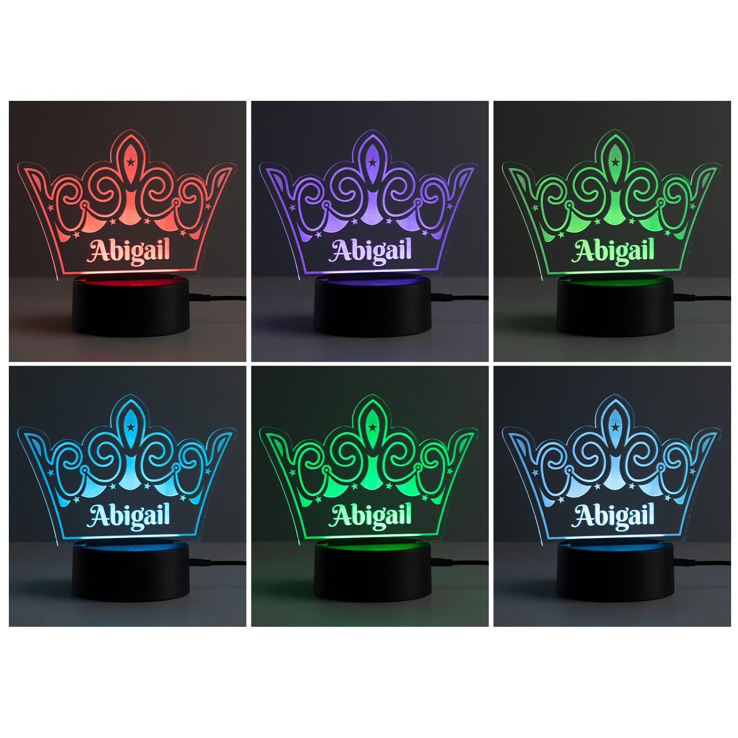 Personalized  t LED Night Light - Multicolor Crown with Custom Name - Acrylic Design, 5.5x8.5 inches, USB Powered