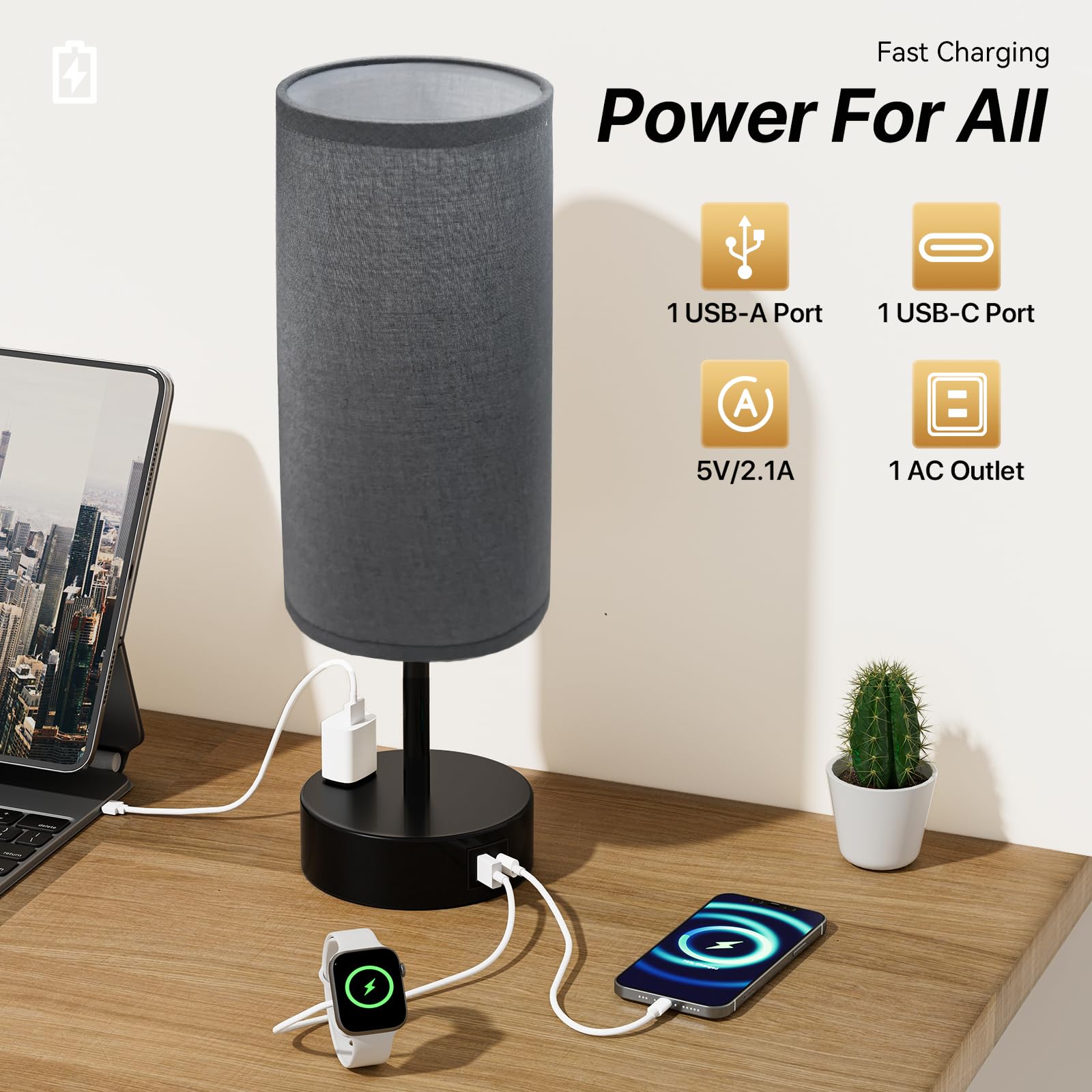 KPQ Touch Control Table Lamp with USB Ports & AC Outlet, 14in Small Size, Grey Shade-Black Base, 3-Way Dimmable Nightstand Lamp