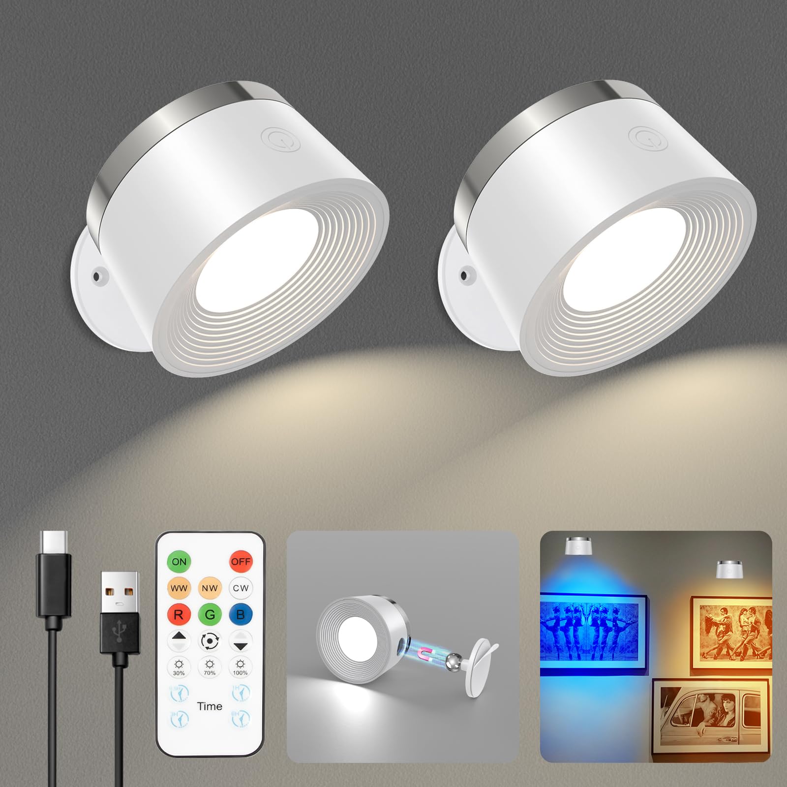 Speclux LED Wall Sconces Set of Two, Rechargeable, Wireless, 3 Color Temperatures, 13 RGB, Dimmable, 360° Rotation, White