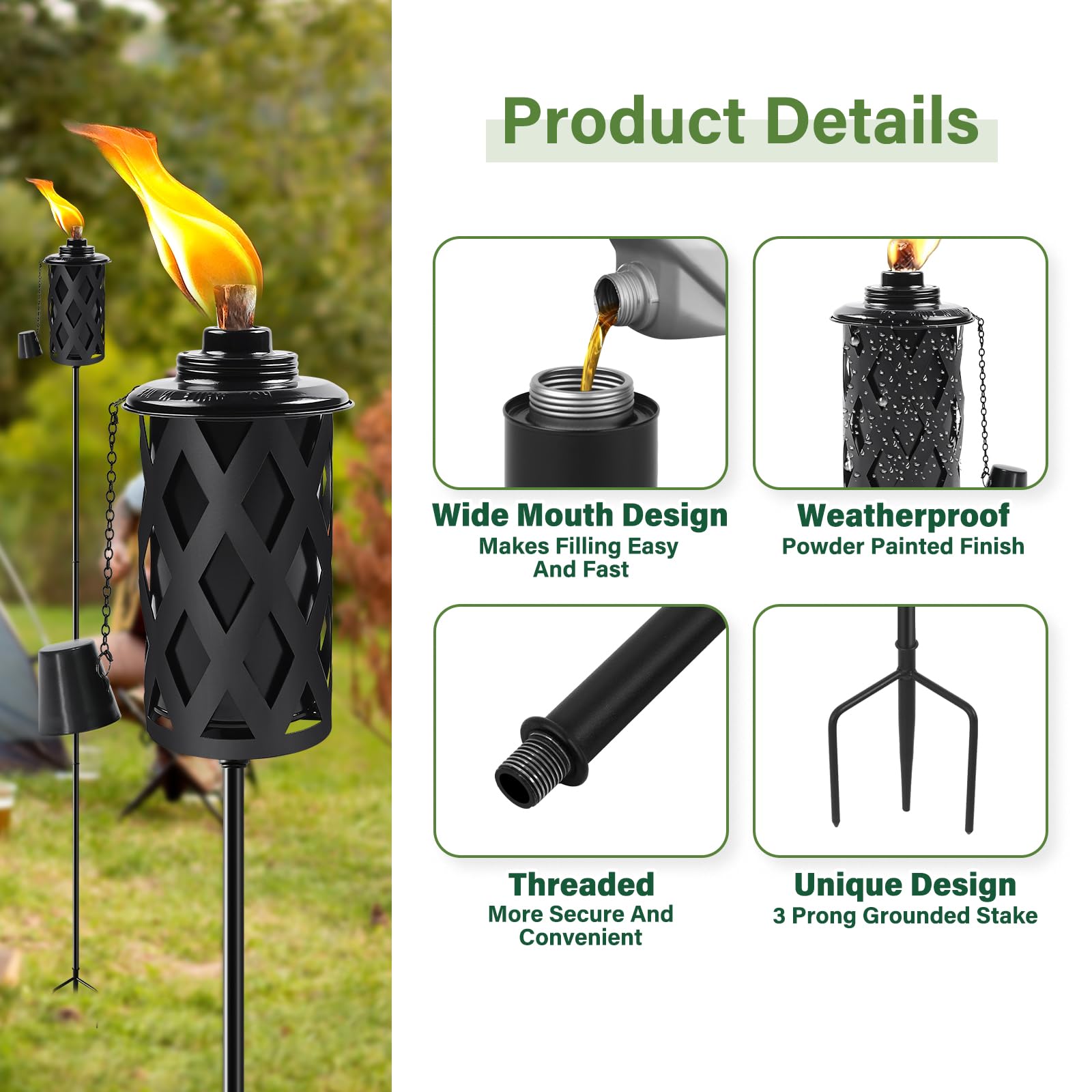 FALBAWR Citronella Torches Set of 4, 16 Oz, 59 Inch Metal, Black, Model FA-DC-WG-4, Outdoor Garden Décor
