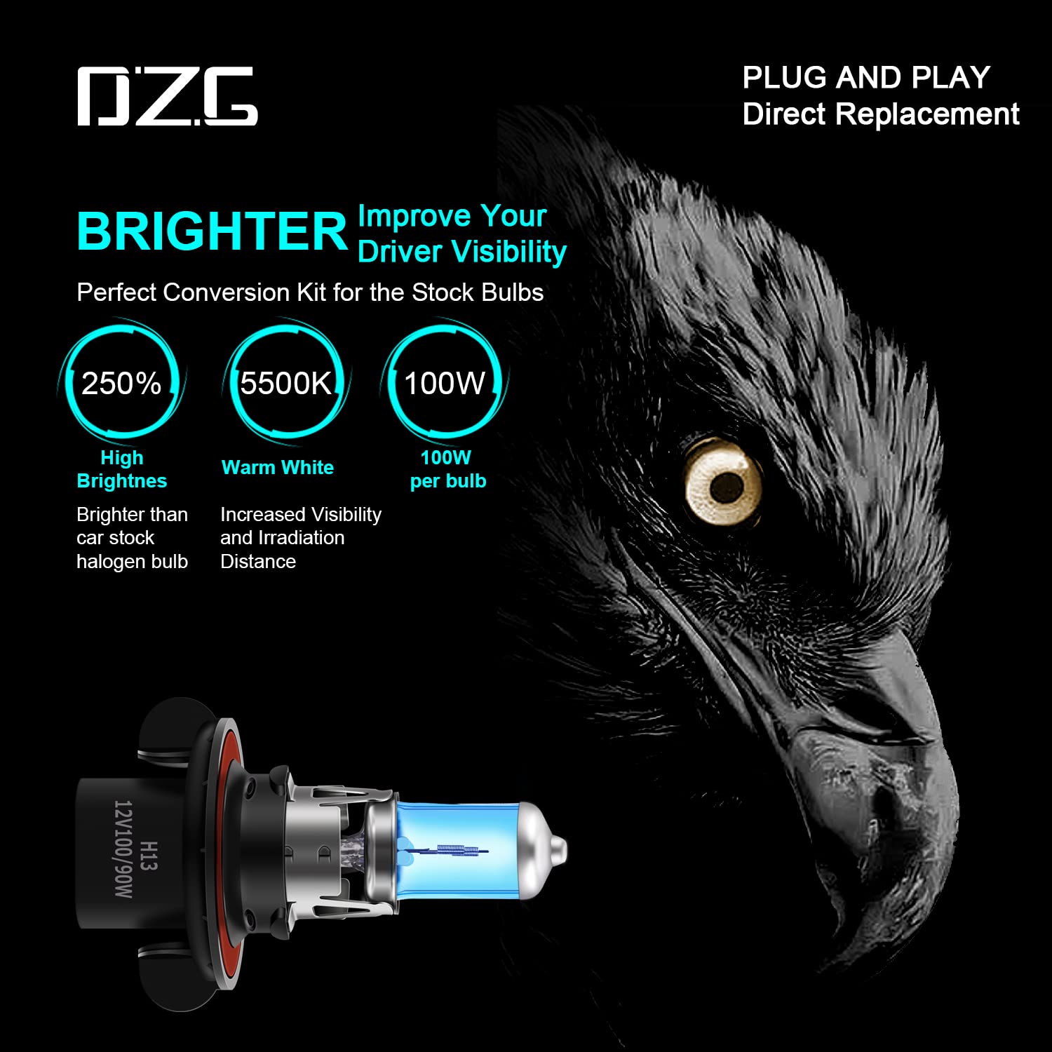 DZG H13 Halogen Headlight Bulbs, 5500K Warm White, 100W/90W, 2 Pack, H13(9008)