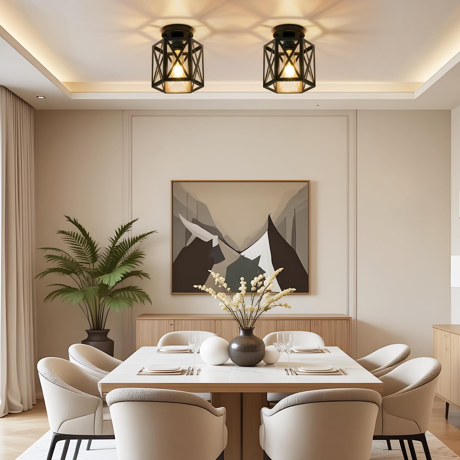 Oteedo Modern Semi Flush Mount Ceiling Light 1-Light Hexagon Flush Mount Ceiling Lights For Dining Room Light Fixture Farmhouse Black Metal Kitchen Island Lighting Fixtures For Hallway Bathroom