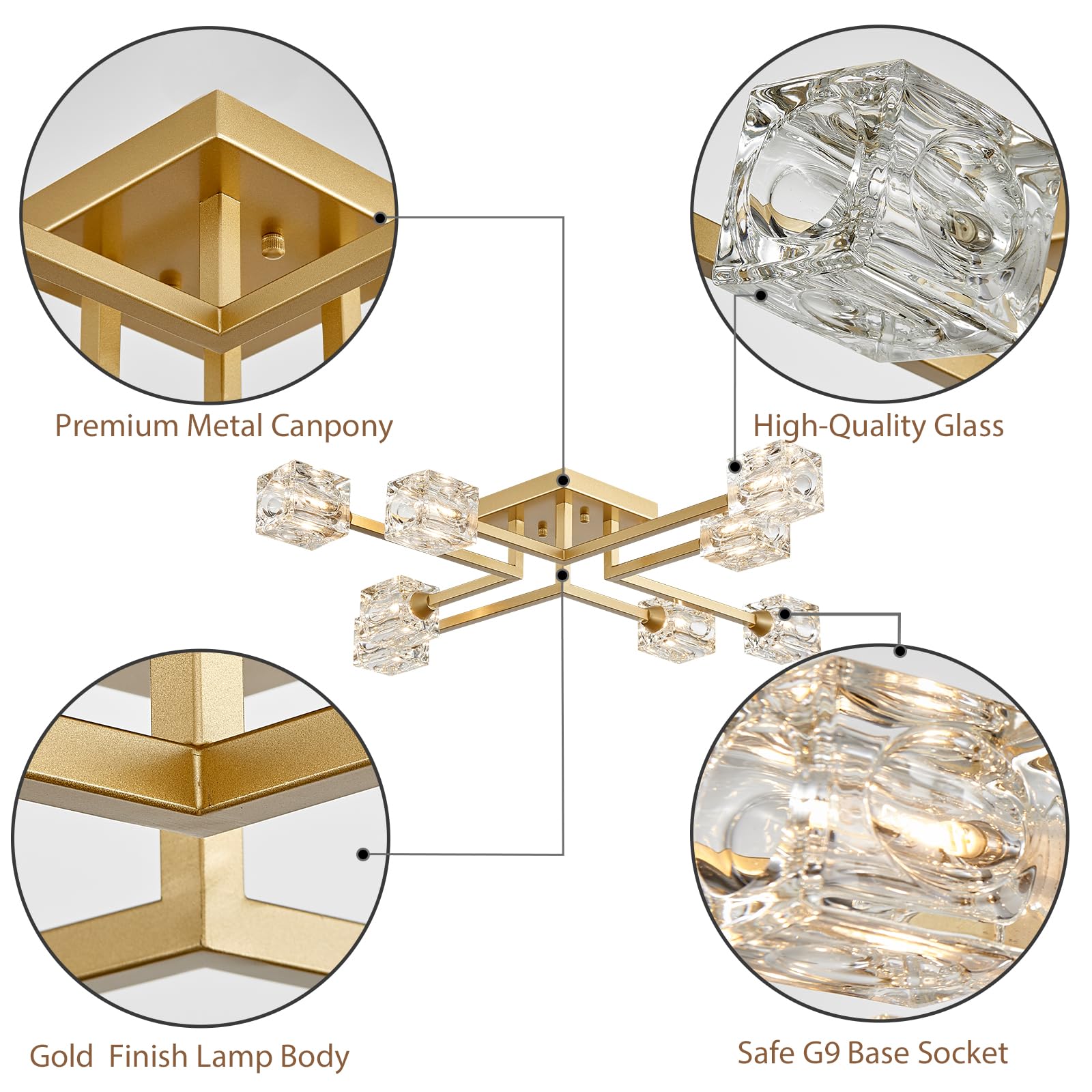 Peskoe 8-Light Gold Sputnik Chandelier Semi Flush Mount Ceiling Light Fixture, Modern Farmhouse Chandeliers For Dining Room Bedr