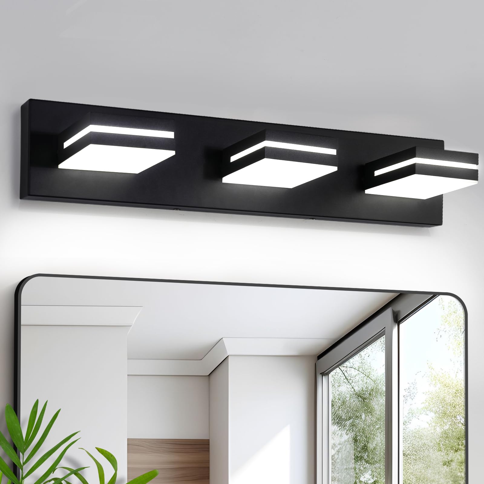 Okeli 3-Light Matte Black Dimmable Bathroom Vanity Light Fixture, 24W Led, Adjustable 6000K