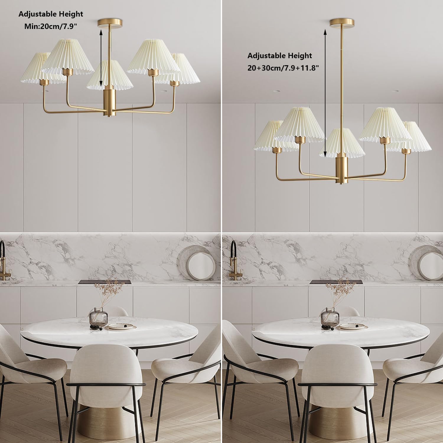 KCO 5-Light Pendant Light - White Fabric, Brushed Gold, Mid Century Modern Chandelier for Dining Room, Model L1157-5