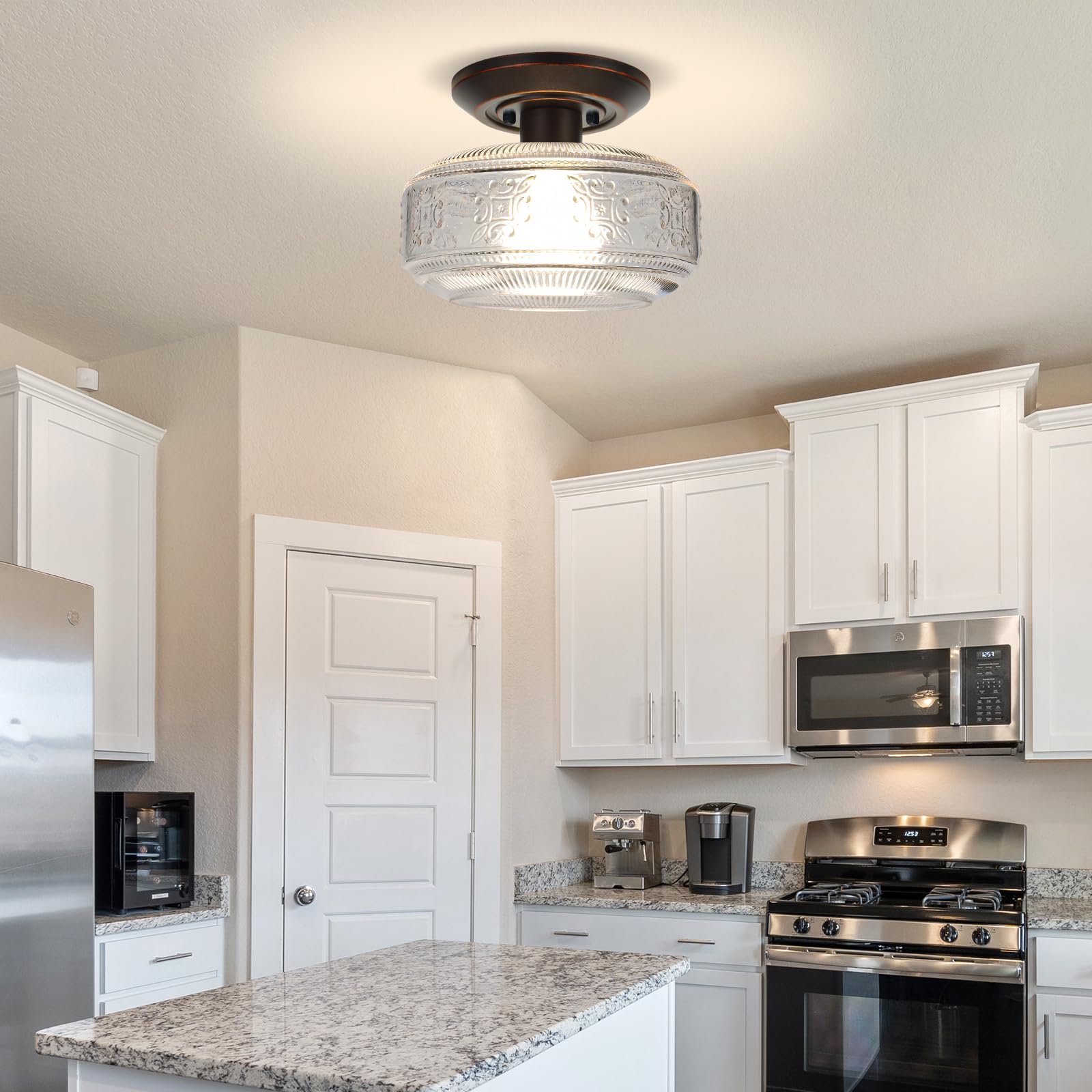 KnLnny Ware Flush Mount Ceiling Light, Oil Rubbed Bronze, Glass Shade, 9W Bulb Included, 9 Inch, for Hallway, Porch, Kitchen, Bedroom