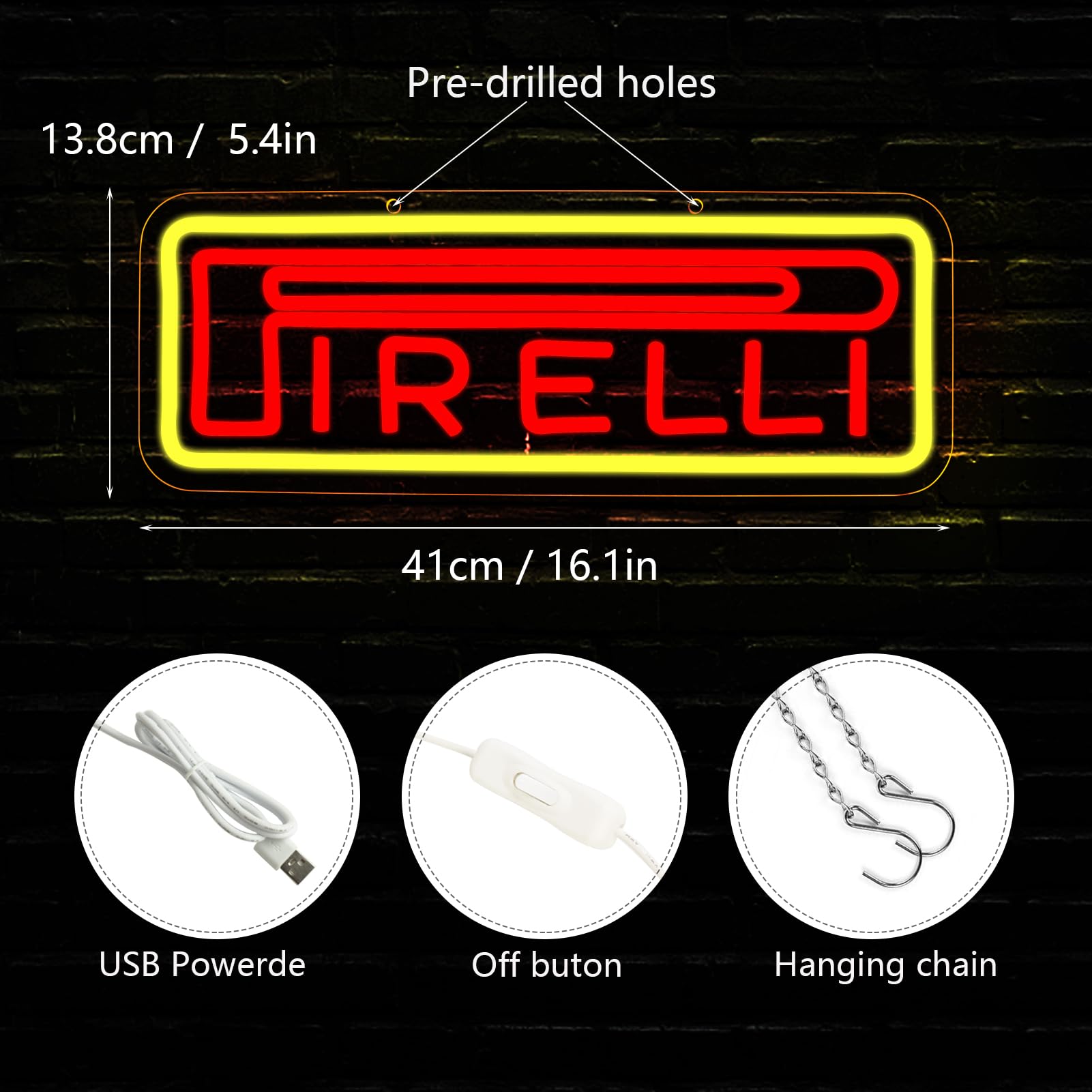 WonderfulLife Pirelli Neon Sign - LED Tire Shop Decor, Red Plastic, USB Powered, Easy Hanging