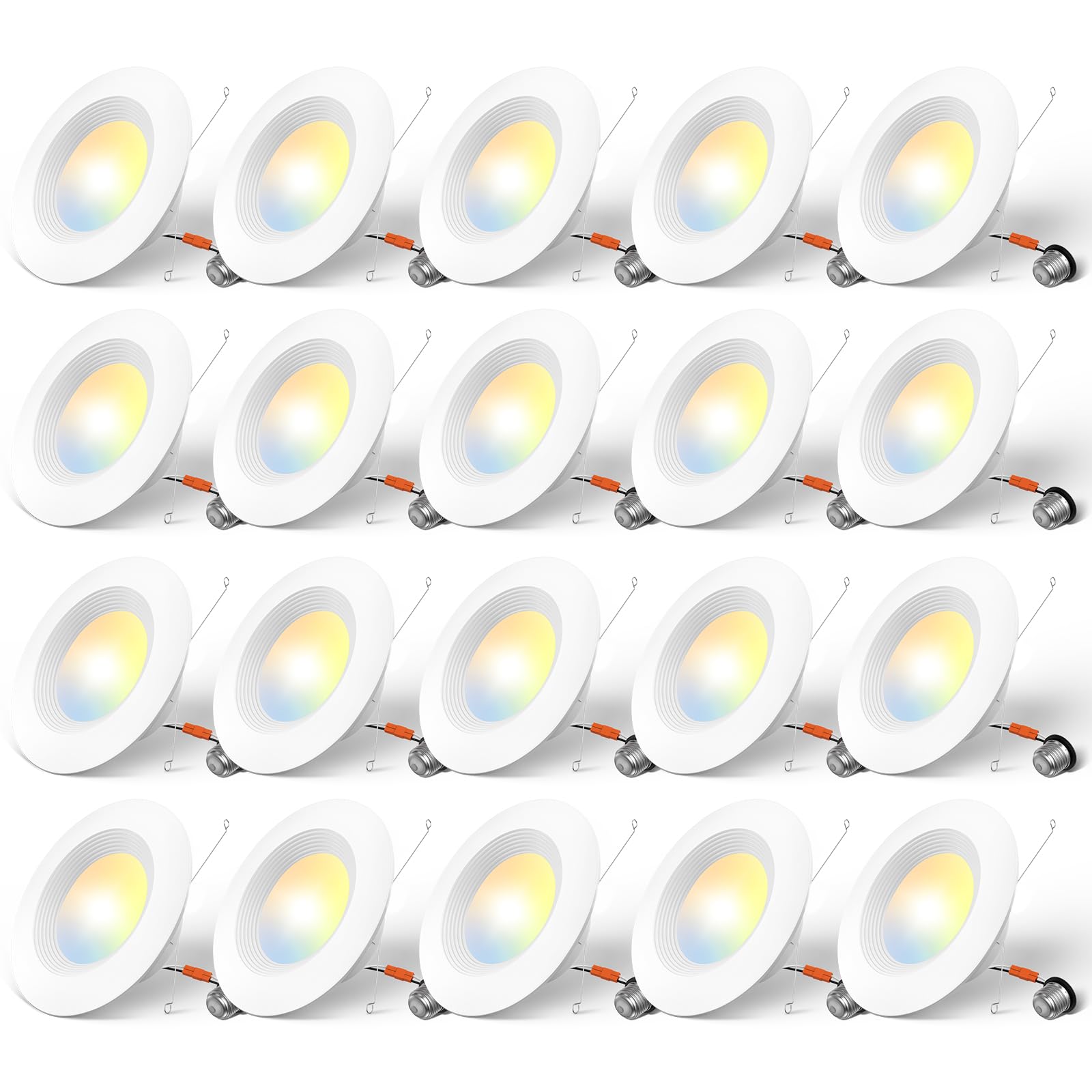 Amico LED Recessed Lighting 20 Pack, 5CCT Dimmable, 12.5W, Damp Rated, Baffle Trim, Selectable 2700K-6000