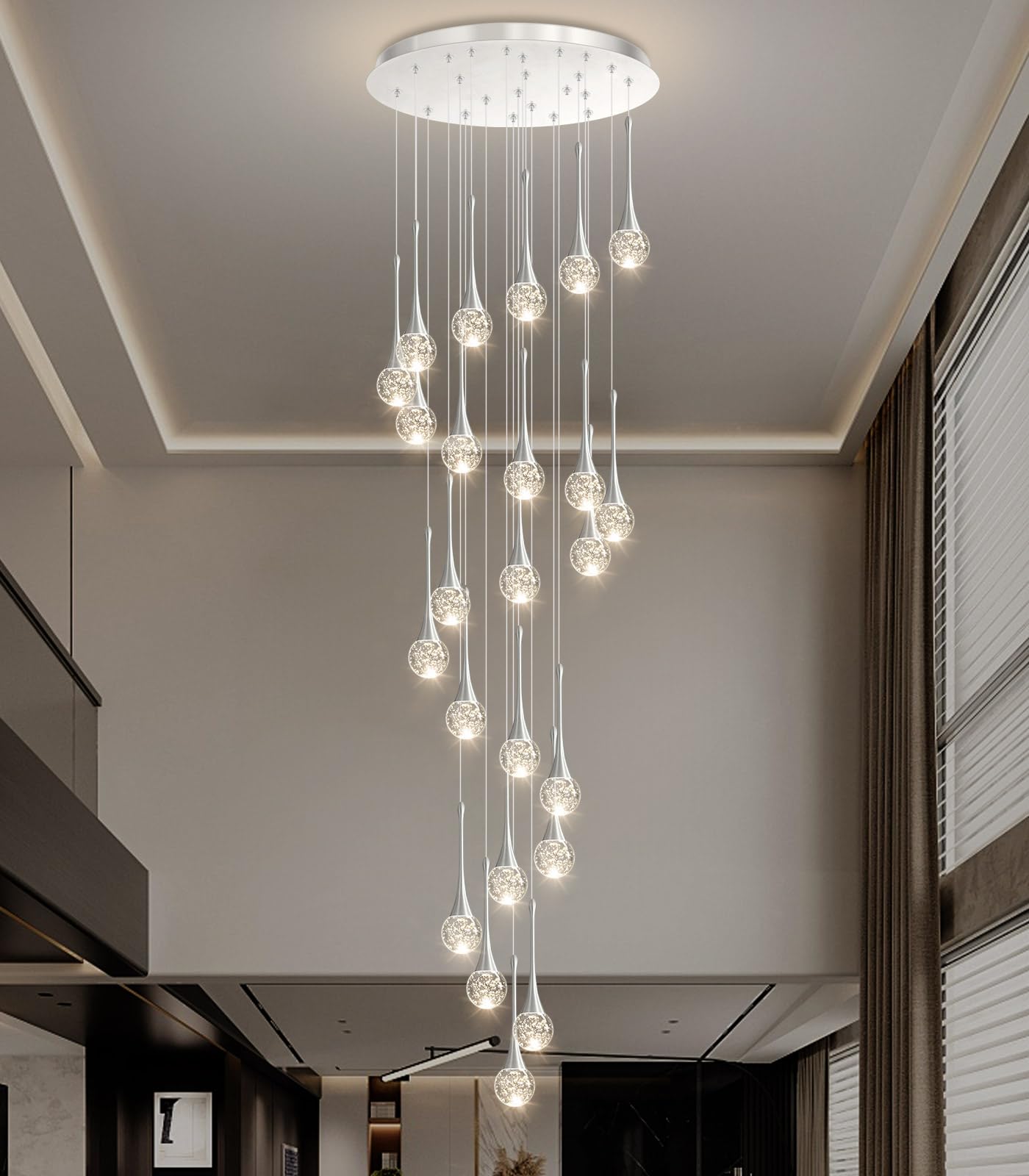24 Light Modern Glam Crystal Chandelier For High Ceiling Led Dimmable Ceiling Pendant Light Staircase Foyer Enterway Living Room Chandelier Lighting Antique Silver
