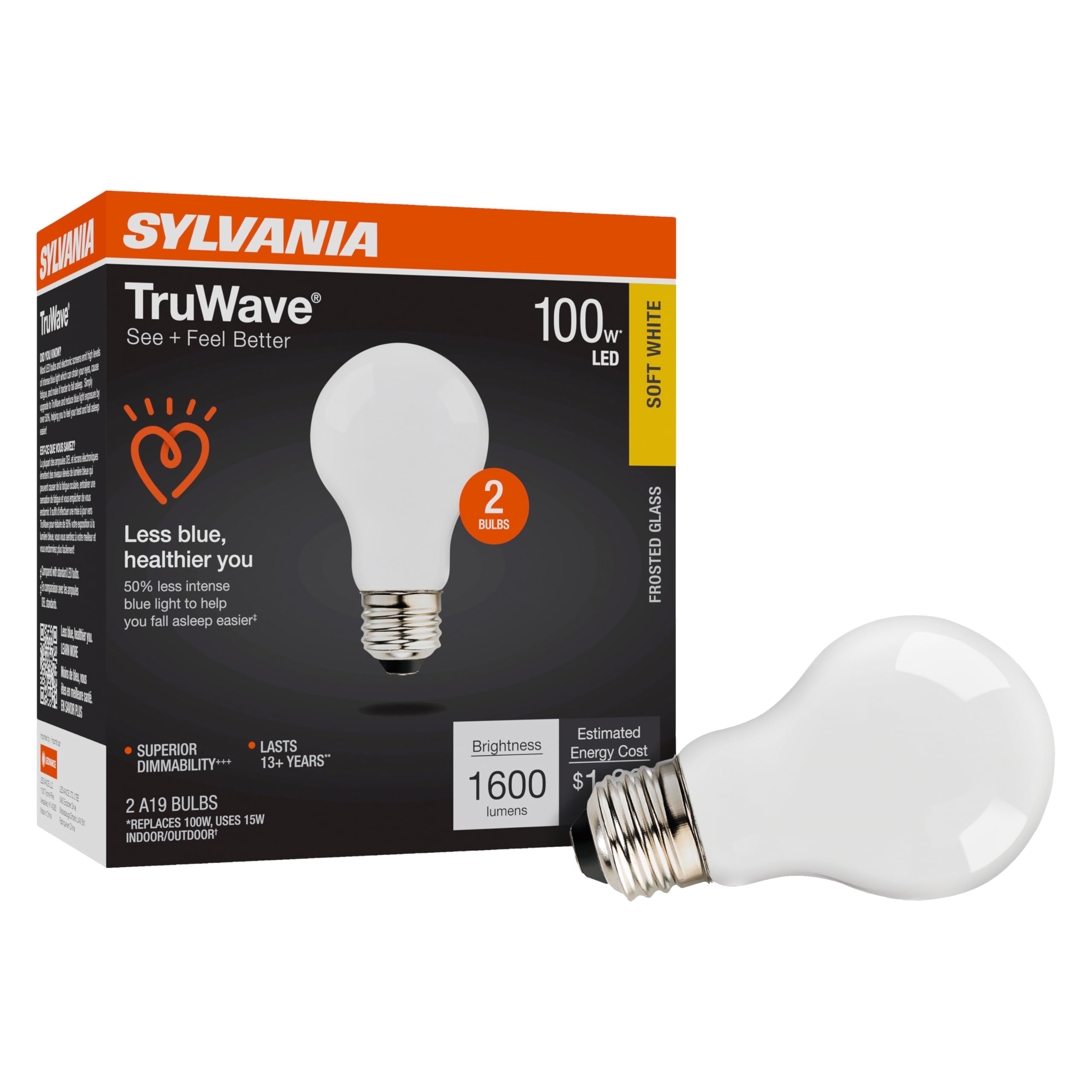 Sylvania LED TruWave A19 Light Bulb, 100W Equivalent, 15W, 1600 Lumens, Dimmable, Frosted, Soft White, 2 Pack, Model