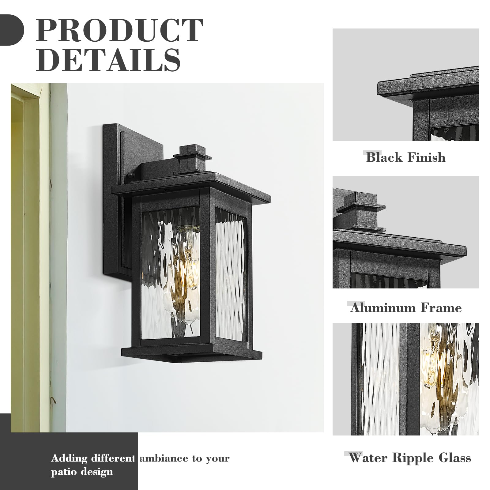 Emliviar Outdoor Wall Light, Modern Design, Water Ripple Glass Shade, Aluminum, Medium Size, Black Finish, Model 1803EW1-WP BK