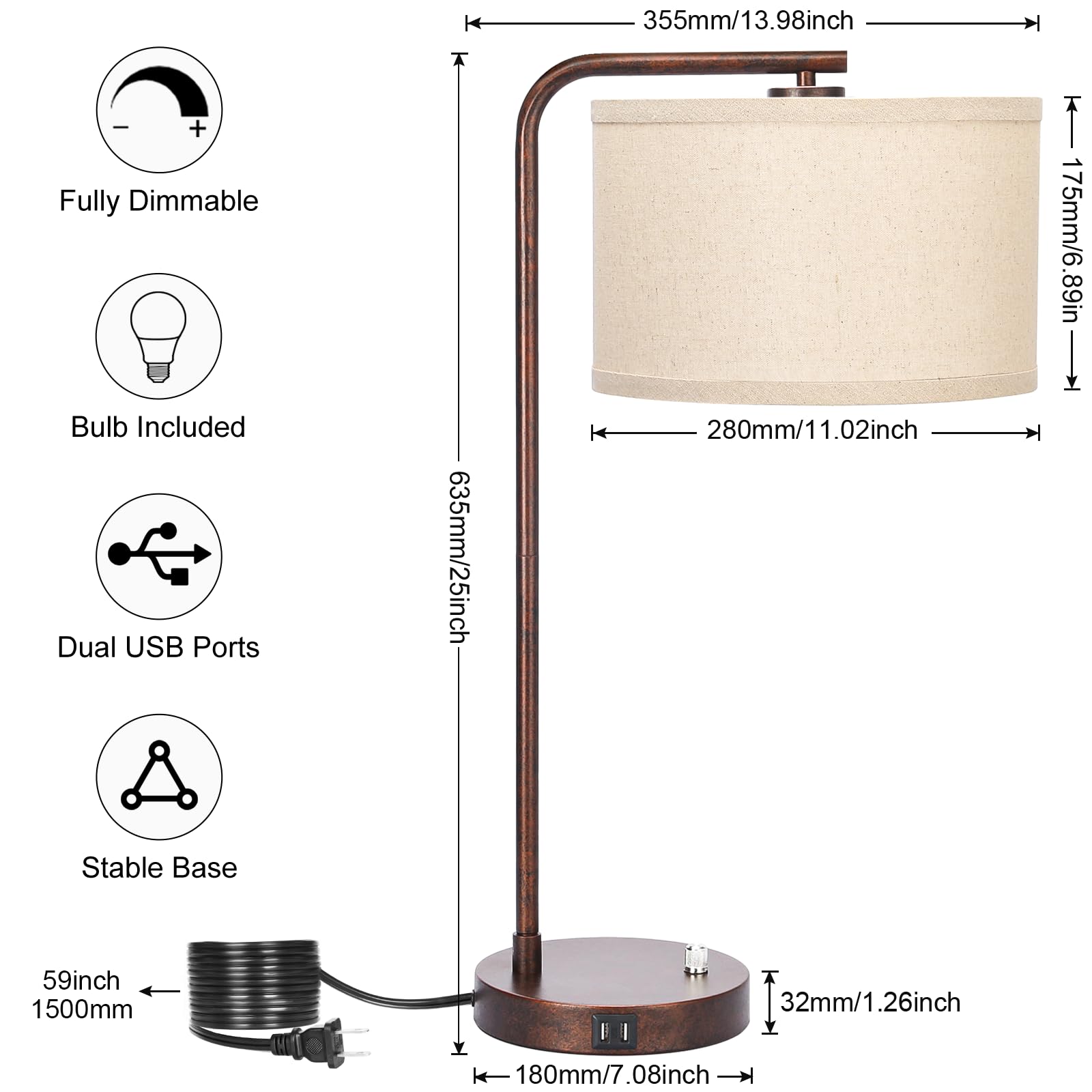 Vintage Table Lamp, Fully Dimmable Table Lamp With Dual Usb Charging Ports, Farmhouse Bedside Lamp Nightstand Light, Tall Readin