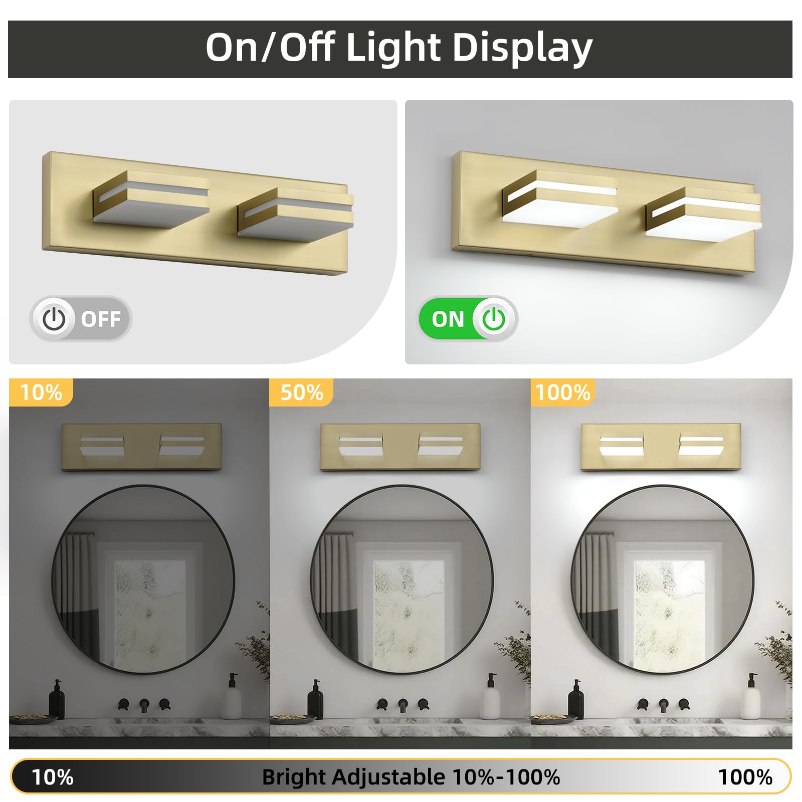 OKELI 2-Light Bathroom Vanity Light Fixtures, Gold Dimmable, 15.5 Inch, Aluminum, Model OK-9553-2T-GL, Modern Wall Mounted, 600