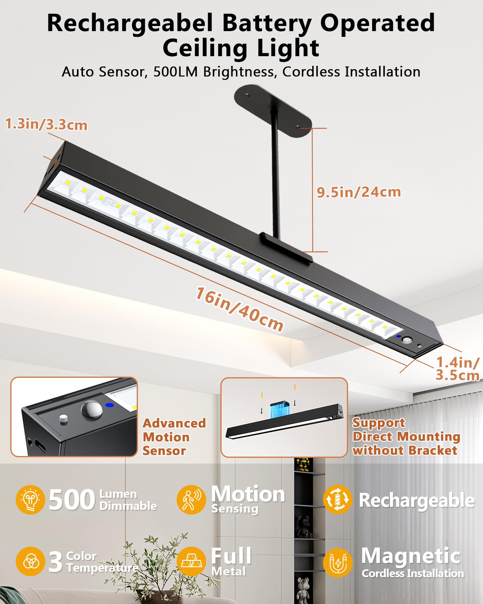 Rechargeable Motion Sensor Ceiling Light, Full Metal Pendant Lights, Battery Operated Led Closet Lights With Remote, Timer - 3 C