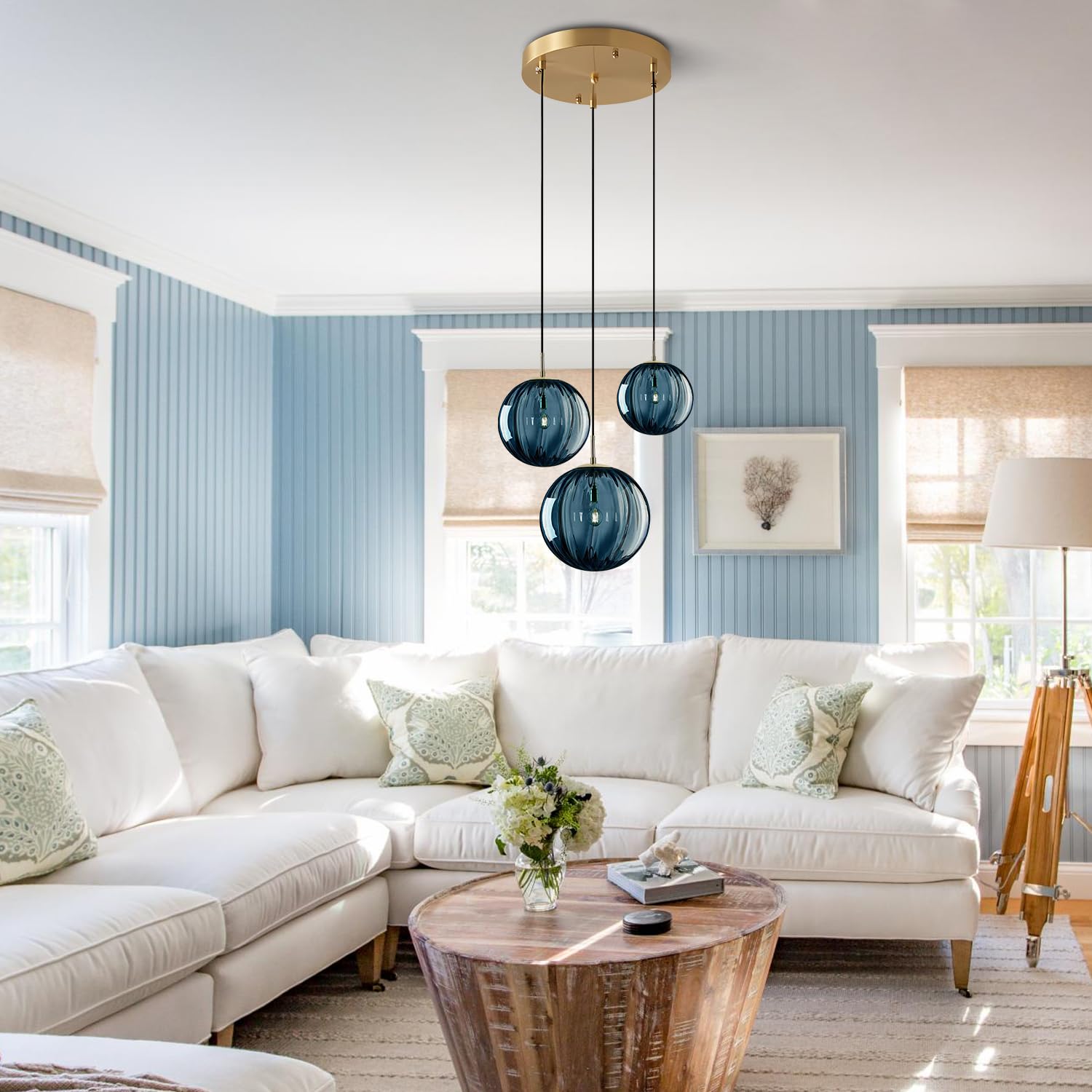 Kco Mid Century Modern Blue Glass Pendant Light Fixture, 3-Lights Brass Gold Ceiling Lamp