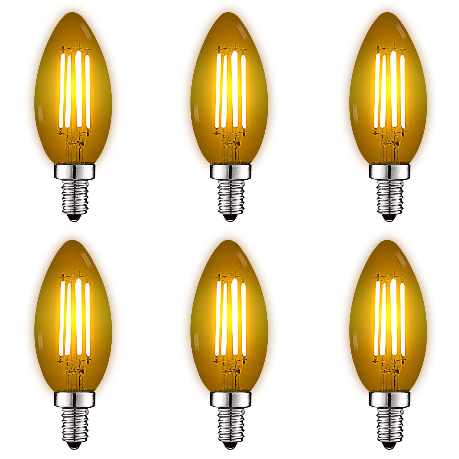 LUXRITE E12 LED Filament Yellow Light Bulbs, 4.5W, Glass, 6 Pack, UL Listed