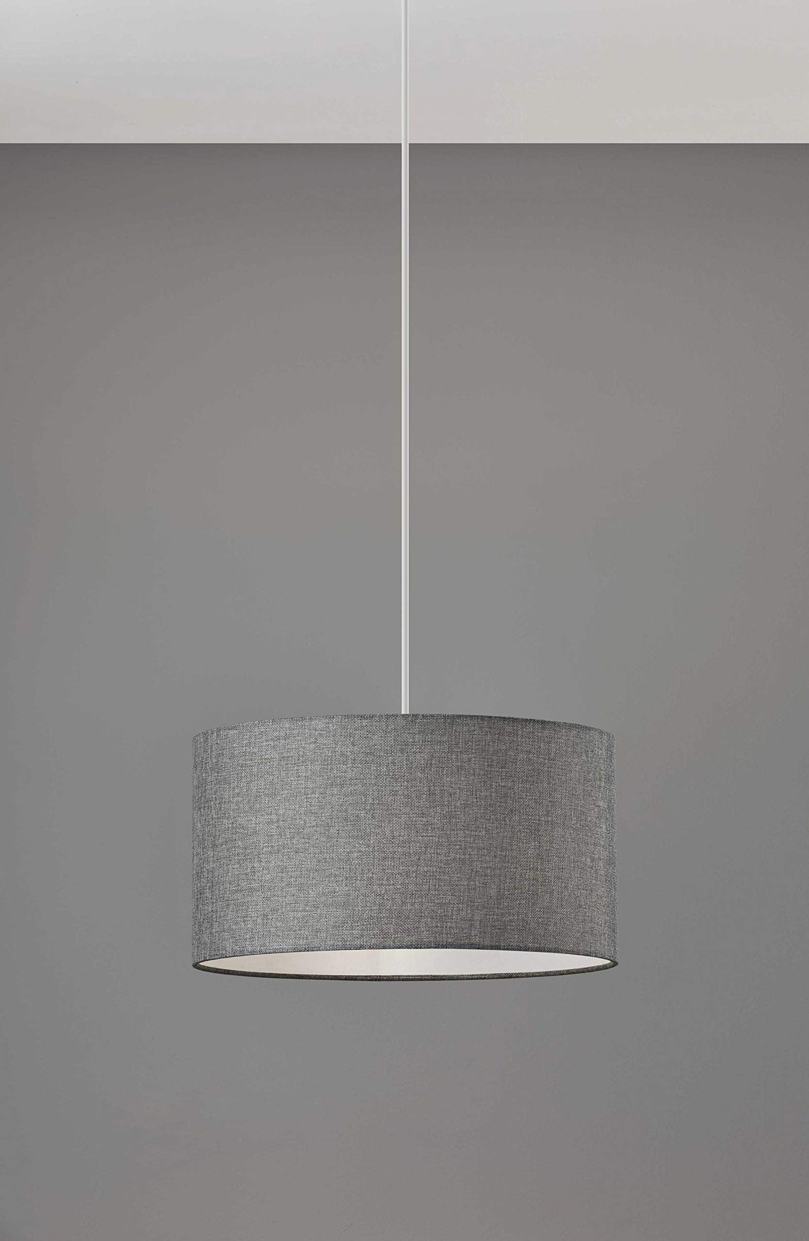 HomeRoots Electric Drum Pendant Light, Heather Grey Fabric Shade, Metal, Gray