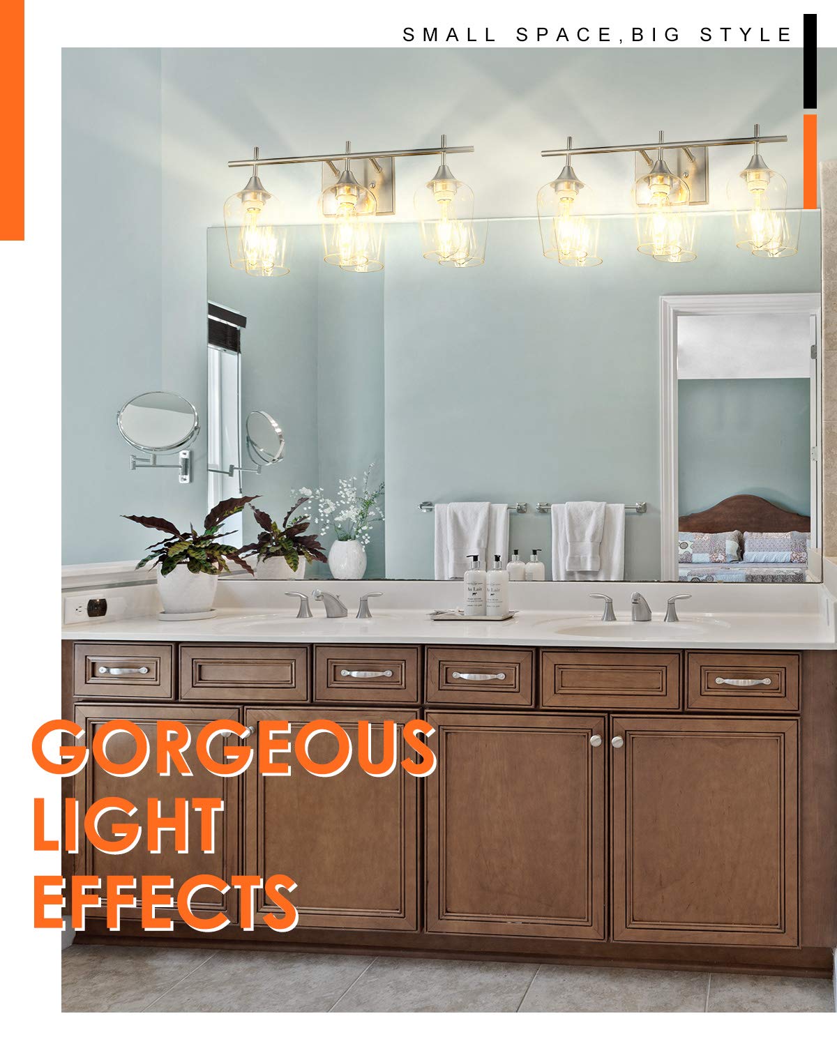 Osimir 3-Light Bathroom Vanity Light Fixtures, Brushed Nickel, Metal, Modern Farmhouse Sconces, Clear Glass Shade, Model WL9167