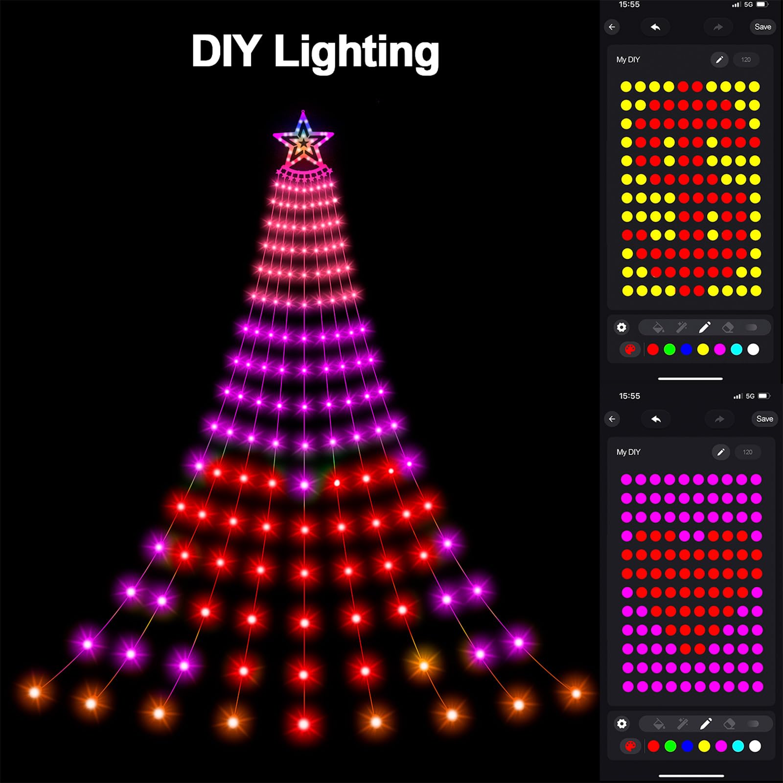 Smart Valentines Day Decorations Lights With Star Topper, 11.48Ft 350 Led Diy Waterfall Tree Lights With Remote Timer Color Chan