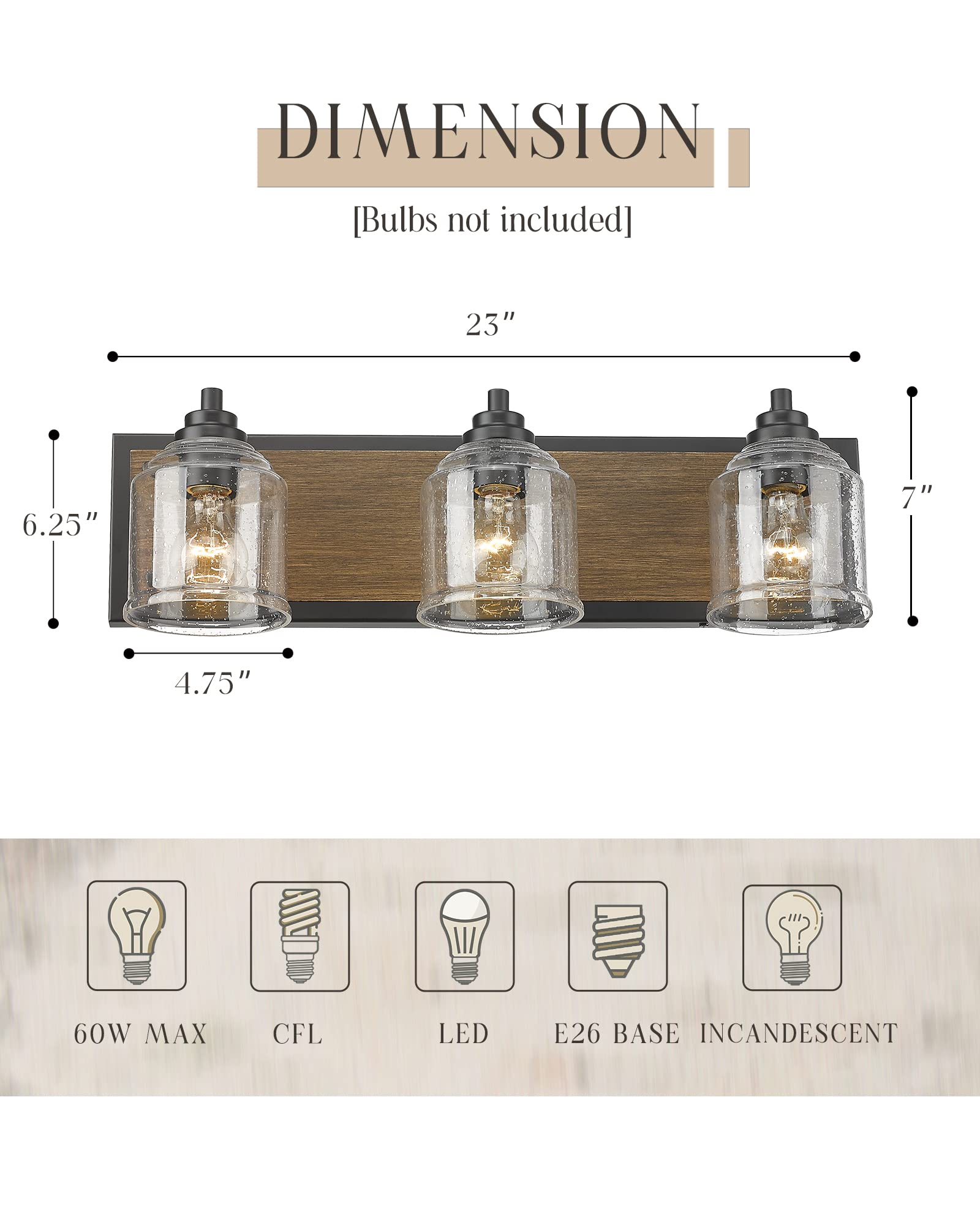 YKLITG 23in Farmhouse Bathroom Vanity Light, 3-Light Brown Metal with Bubble Glass Shades, Model BD005-3-DW