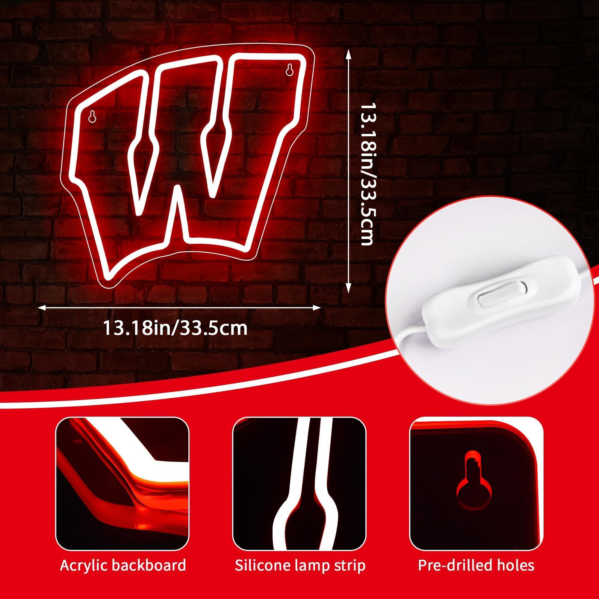FTMGGDG University Neon Sign, Wisconsin Red LED Football Team Logo, 13.18in Acrylic Decor for College Students & Sport Fans