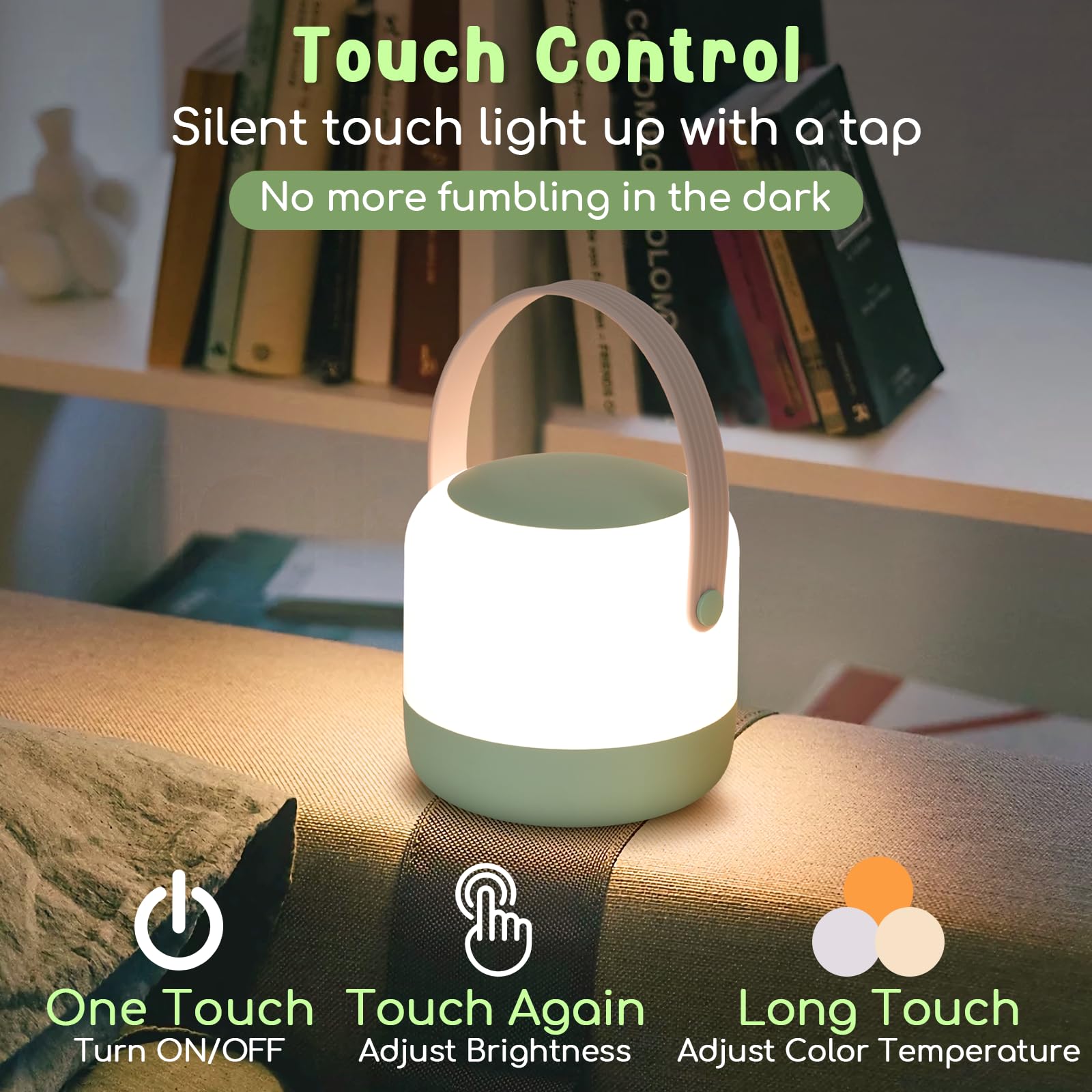 Folksmate Portable Night Light, 3 Color Bpa Free Green Nursery Cordless Touch Table Lamp For Baby, Kids And Adults, Rechargeable