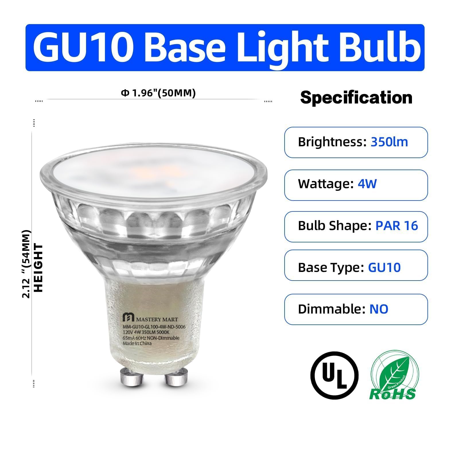 Mastery Mart Non-Dimmable Gu10 Led Light Bulbs, 4W Bright 5000K Daylight White 50W Halogen Equivalent, 350Lm Energy Saver For Tr