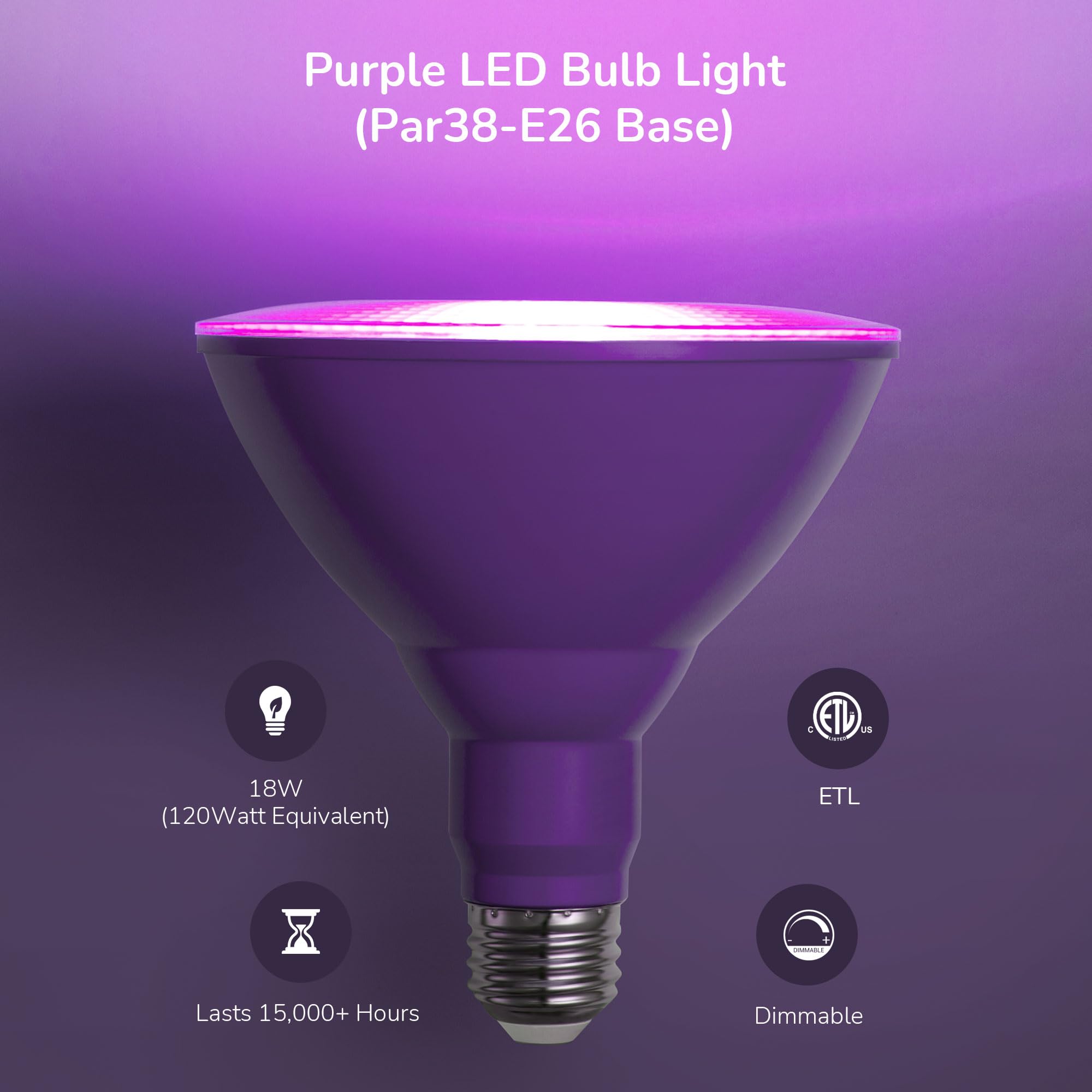 EDISHINE PAR38 Purple LED Flood Light Bulbs, Dimmable, 18W (120W Equivalent), E26 Base, 2 Count, ETL Listed