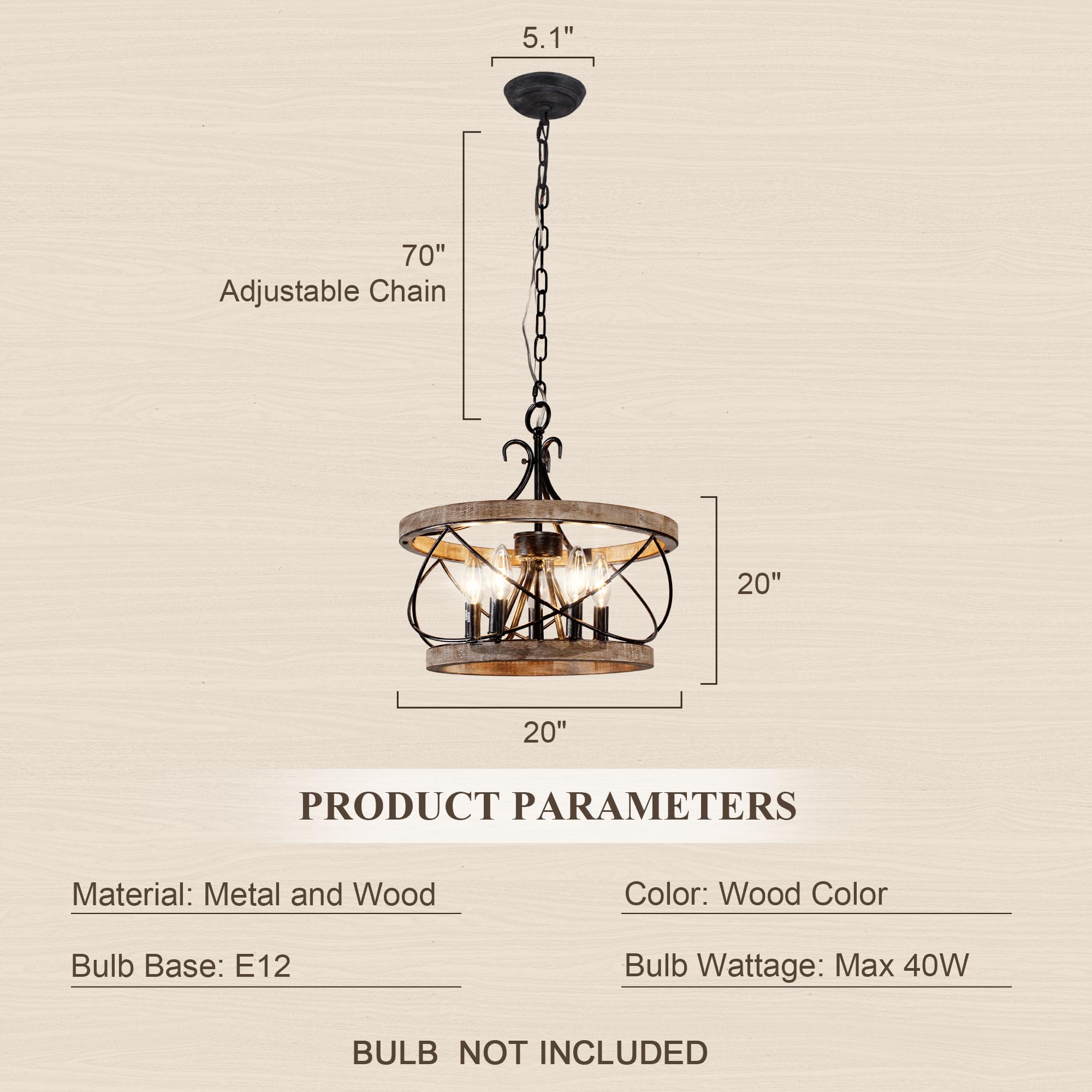 Chords Attic 20" Farmhouse Chandelier, 5-Light Wood Drum Chandelier for Kitchen Island & Dining Room, Model 19.6, French Country Style