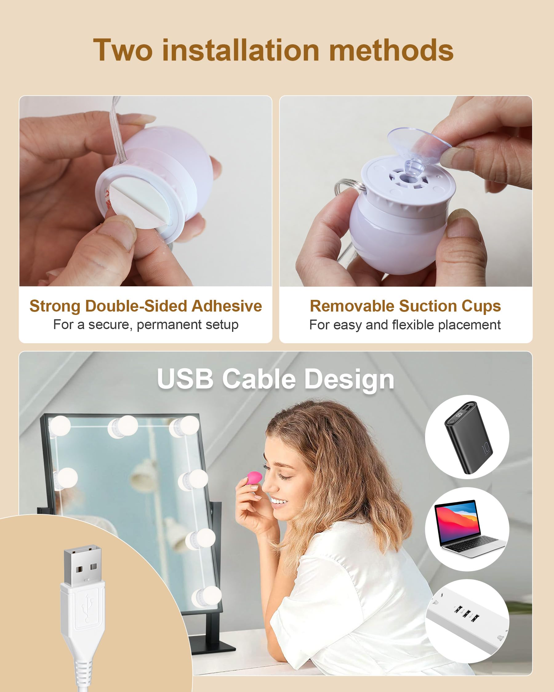 Yarnock 10 Bulbs LED Vanity Lights for Mirror, 3-Color & 10-Brightness, Wire Length Adjustable, USB Cable, Hollywood Mirror Ligh